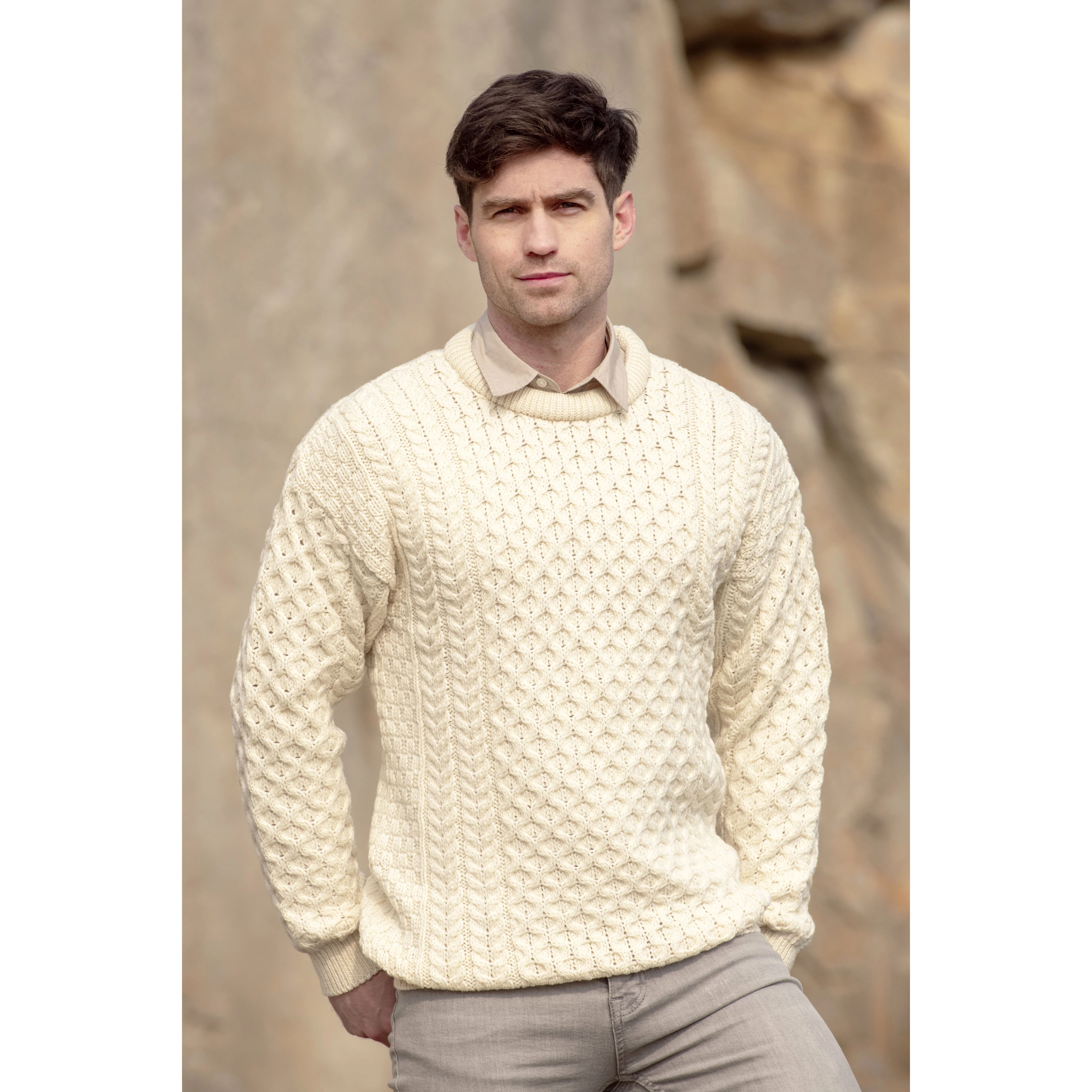 Unisex Irish Cable Knitted Crew Neck Natural Jumper - Image 4