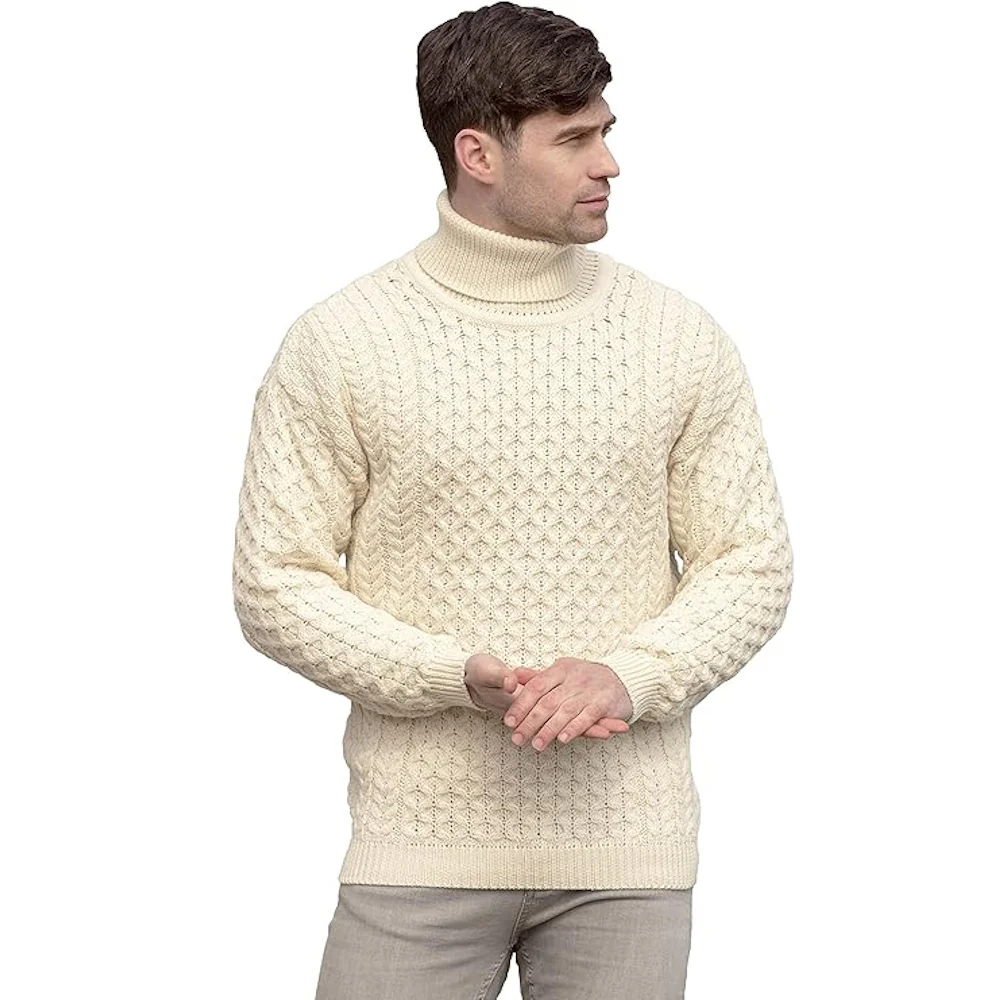 Unisex Irish Cable Knitted Soft Roll Neck Natural Jumper