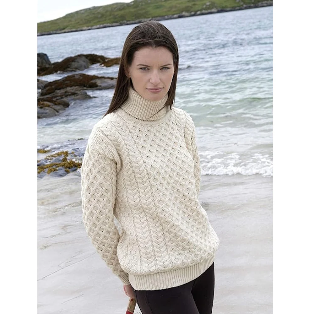 Unisex Irish Cable Knitted Soft Roll Neck Natural Jumper - Image 2