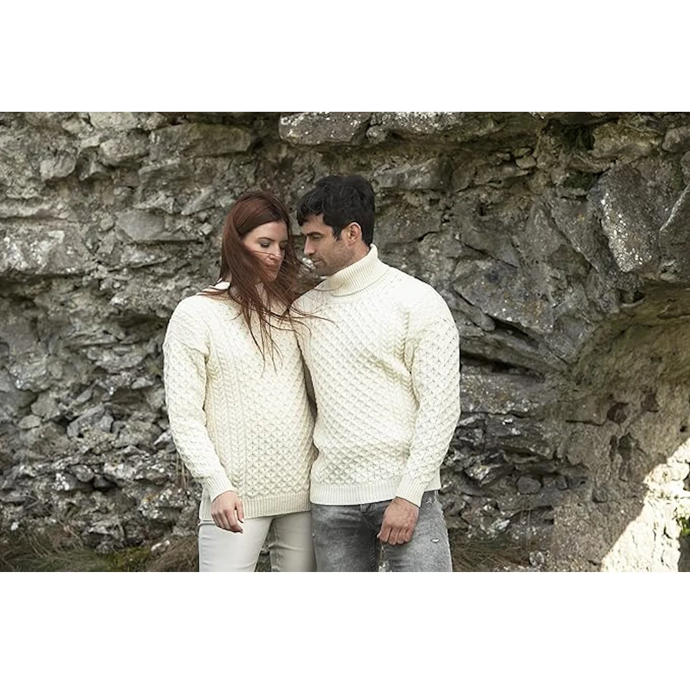 Unisex Irish Cable Knitted Soft Roll Neck Natural Jumper - Image 6