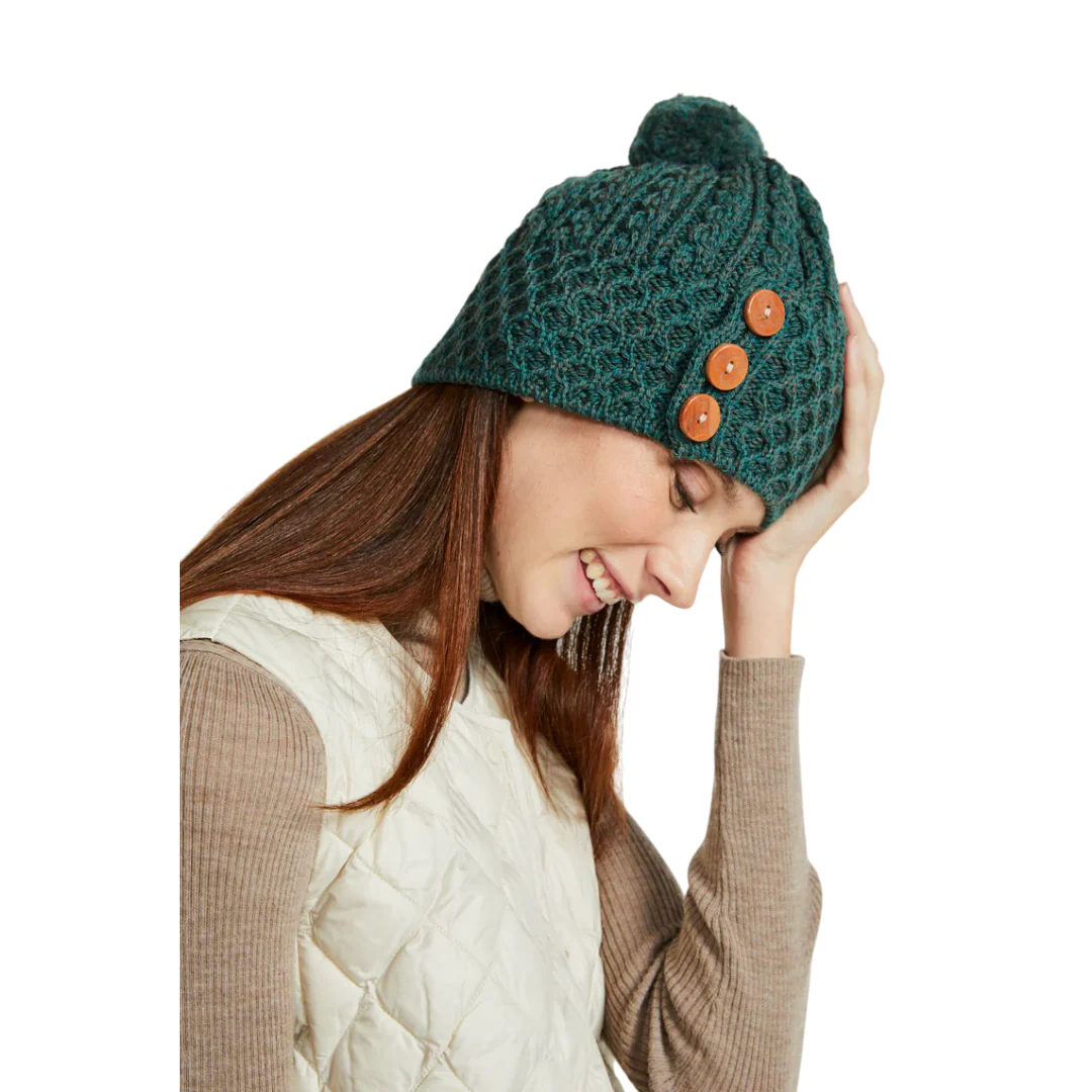 Women's Aran Bauble Forest Green Hat - Image 3