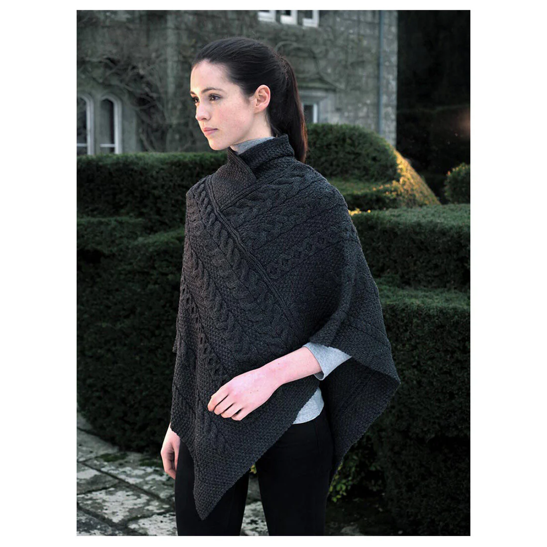 Women's Aran Cable Knit Charcoal Poncho - Image 3