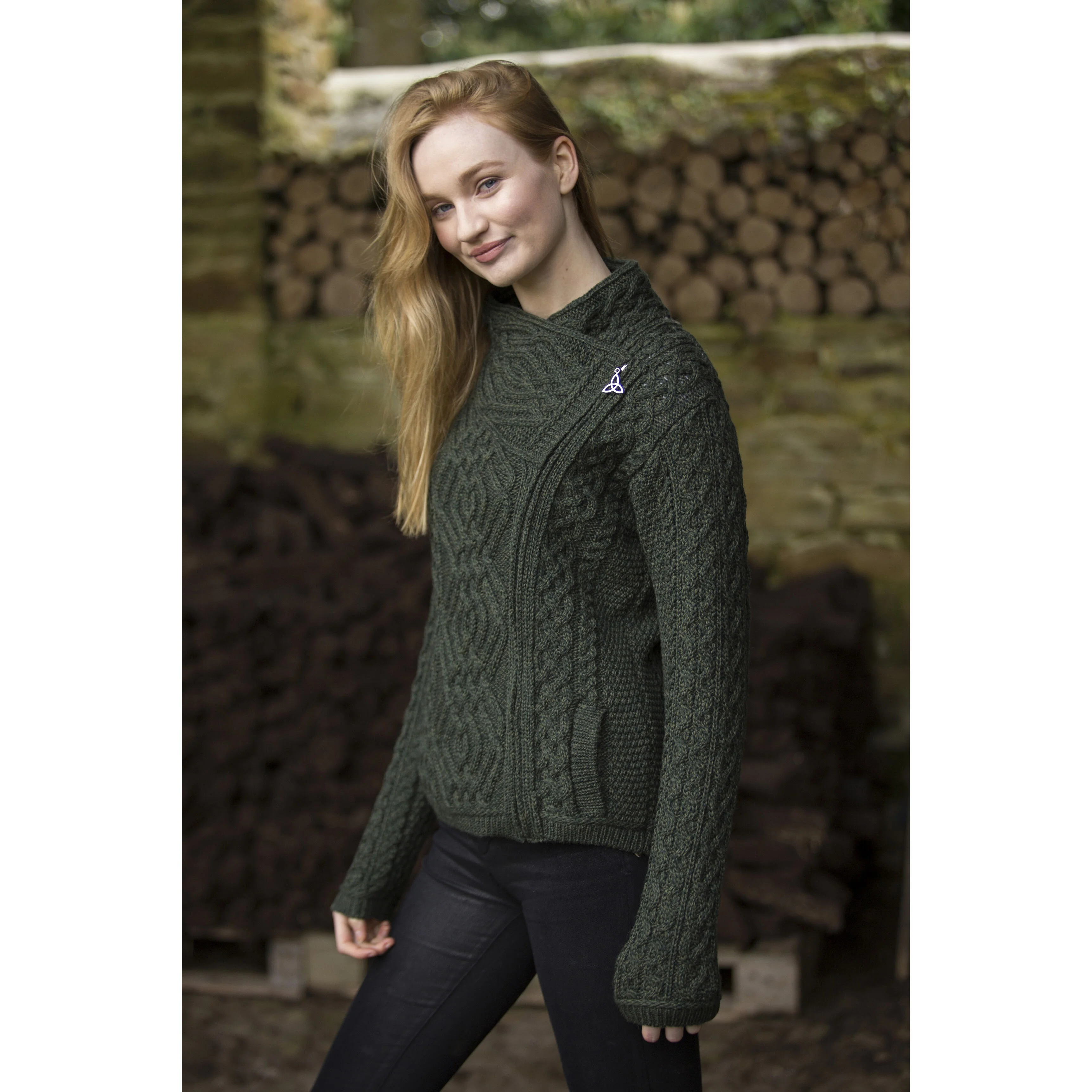 Women's Aran Cable Knit Side Zip Green Cardigan - Image 3