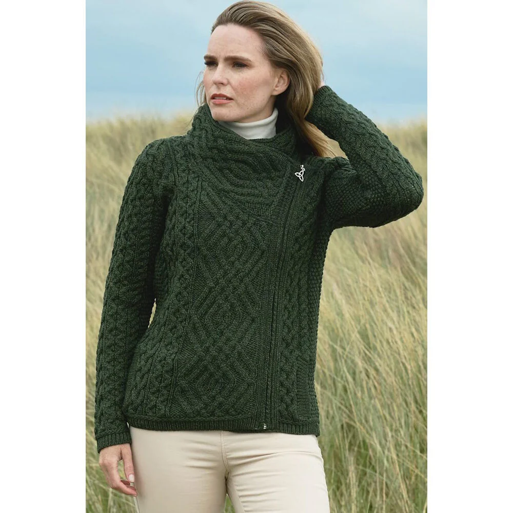 Women's Aran Cable Knit Side Zip Green Cardigan - Image 4