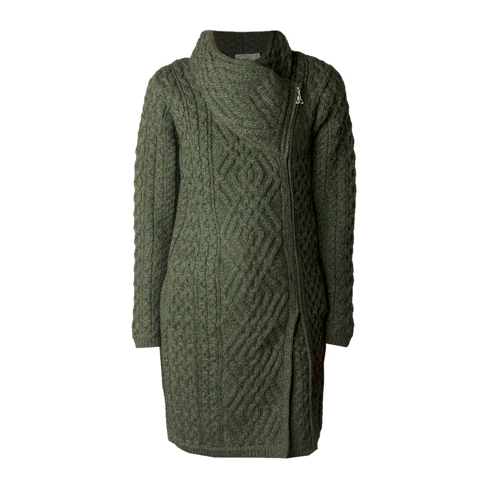Women's Aran Cable Knit Side Zip Green Coat - Image 3