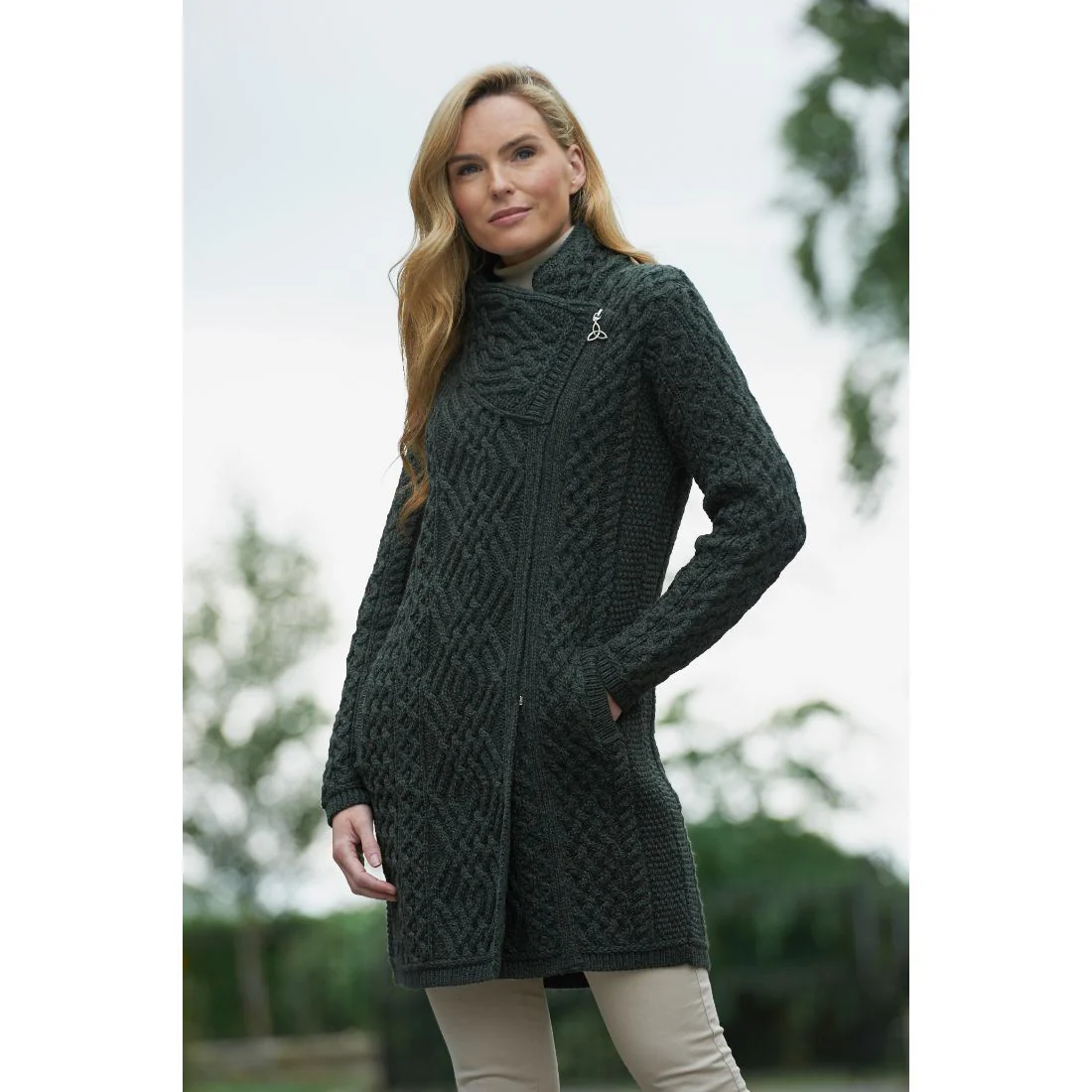 Women's Aran Cable Knit Side Zip Green Coat - Image 4