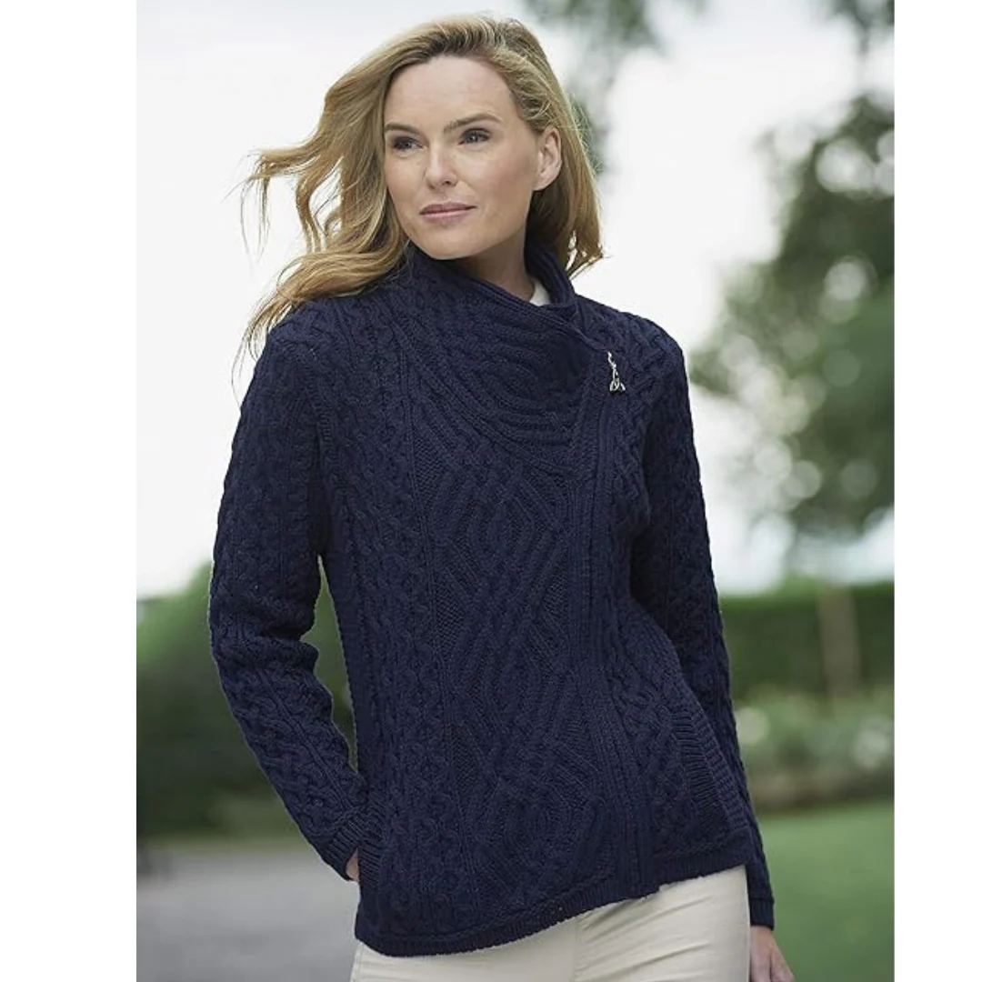 Women's Aran Cable Knit Side Zip Navy Cardigan - Image 3