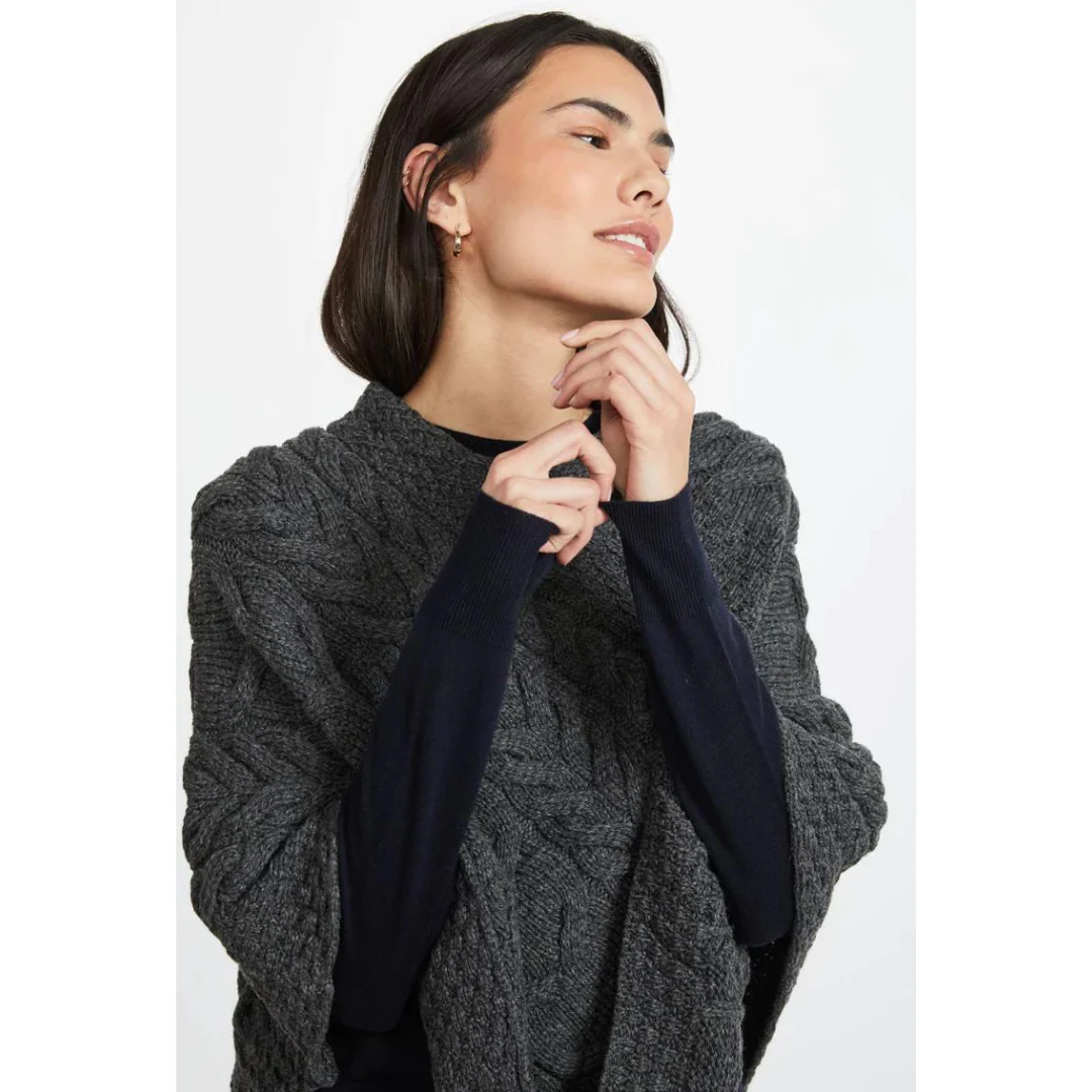 Women's Aran Cable Knit Triangular Charcoal Poncho - Image 3