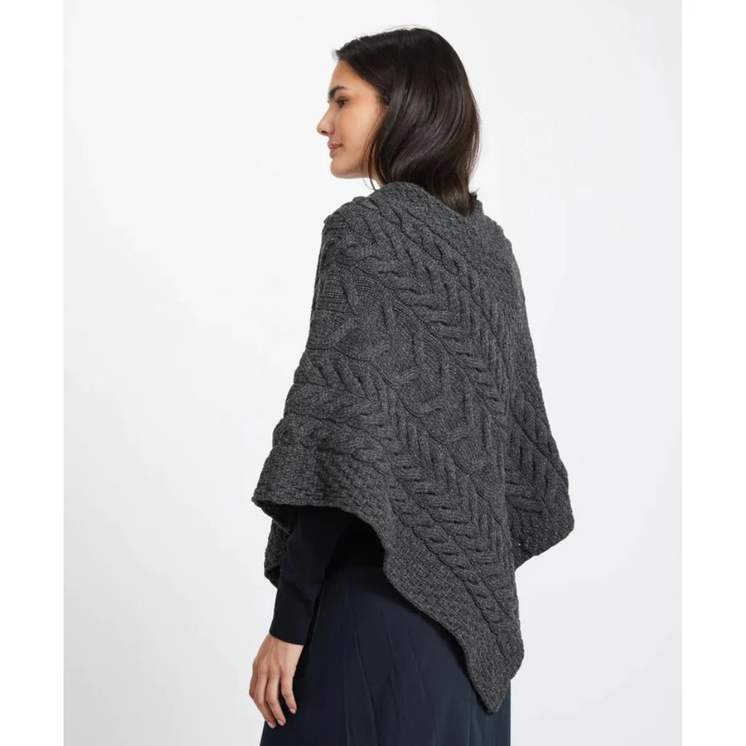 Women's Aran Cable Knit Triangular Charcoal Poncho - Image 5