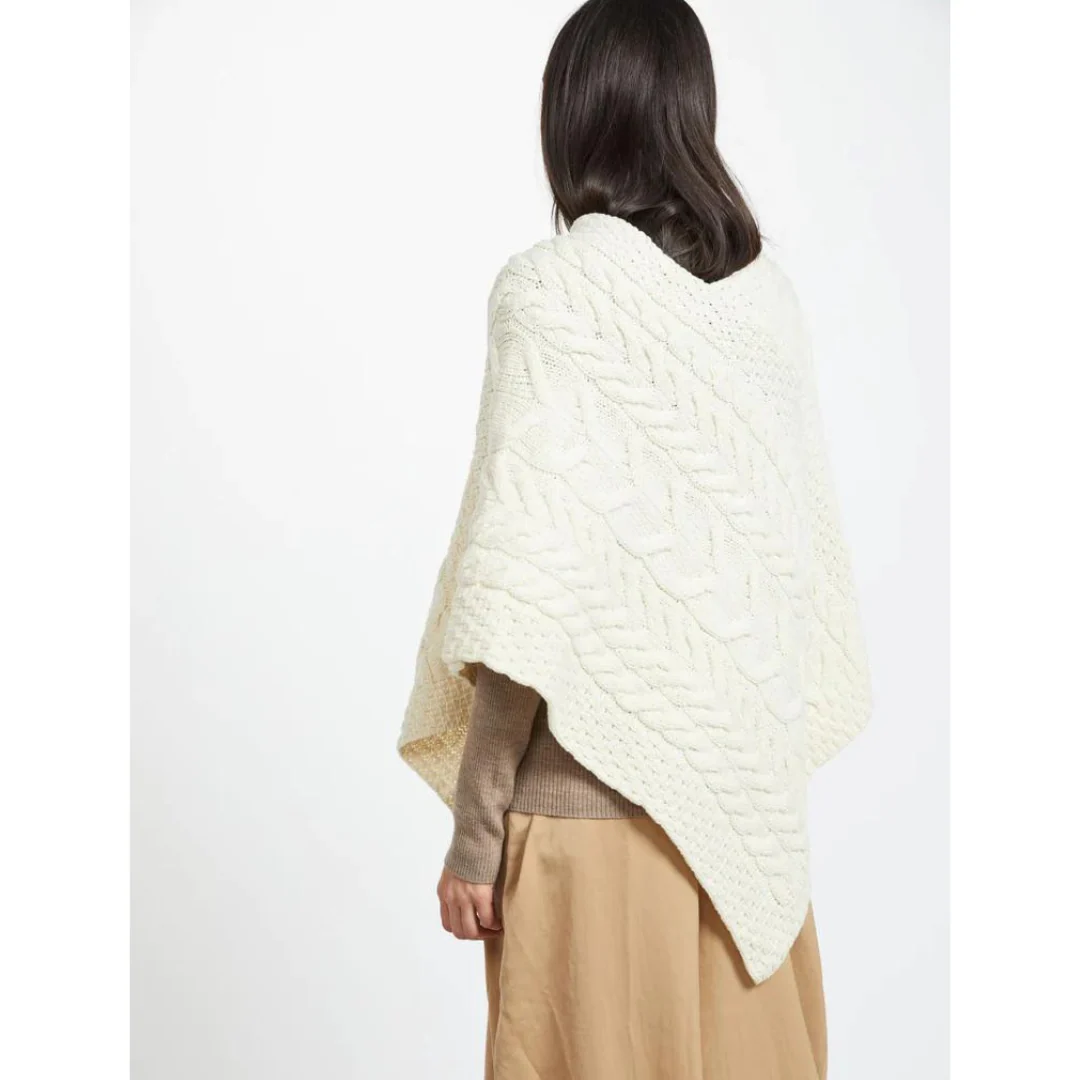 Women's Aran Cable Knit Triangular Natural Poncho - Image 4