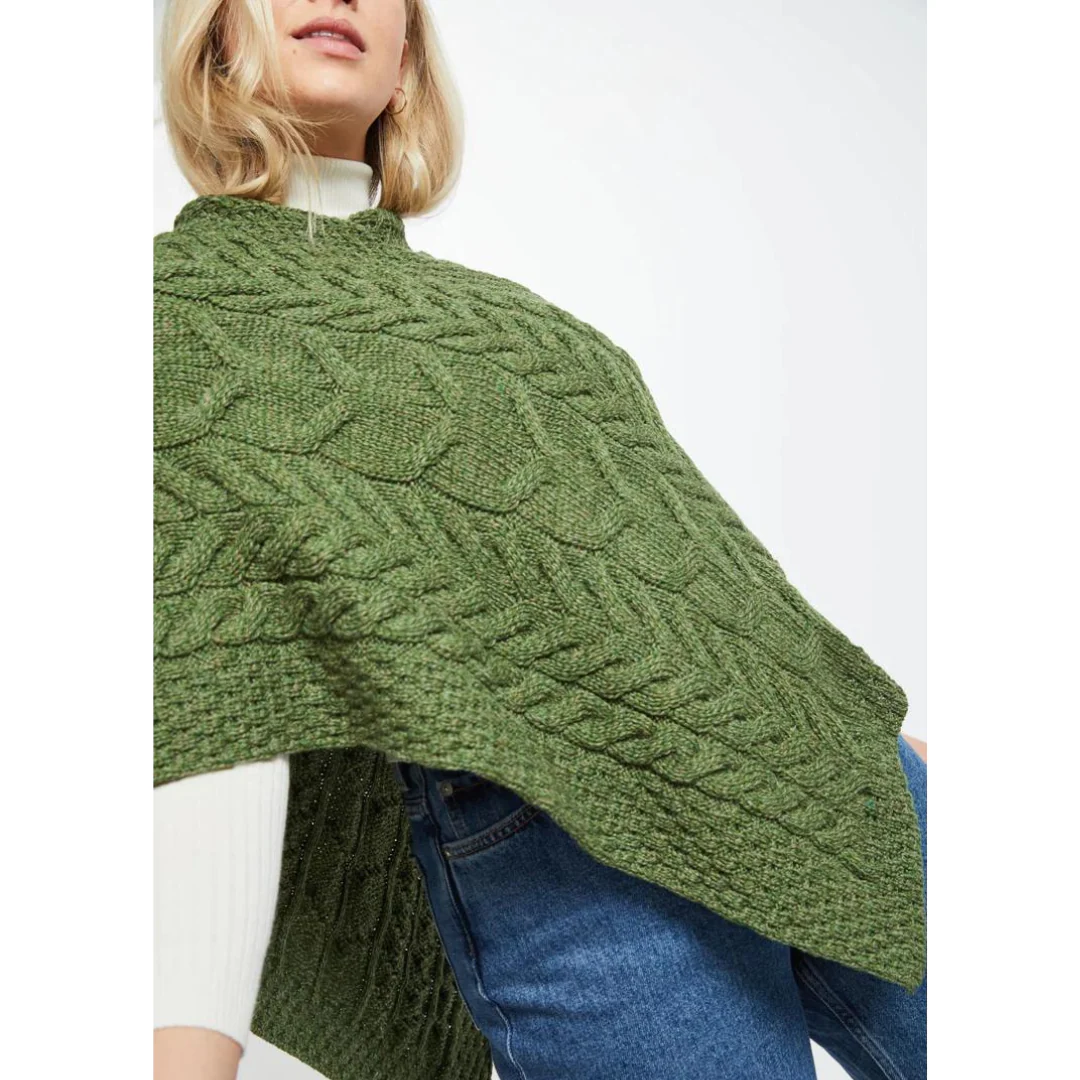 Women's Aran Cable Knit Triangular Poncho Green - Image 3