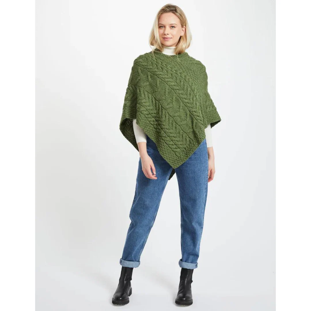 Women's Aran Cable Knit Triangular Poncho Green - Image 4