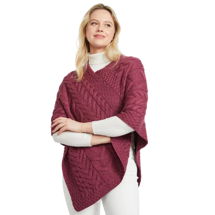 Women's Aran Cable Knit Triangular Raspberry Poncho