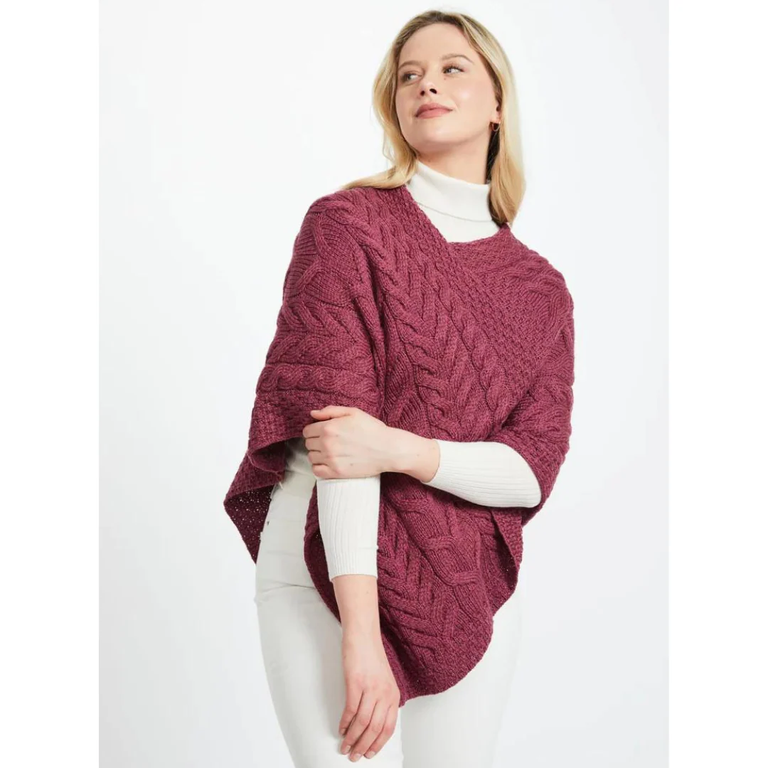 Women's Aran Cable Knit Triangular Raspberry Poncho - Image 2