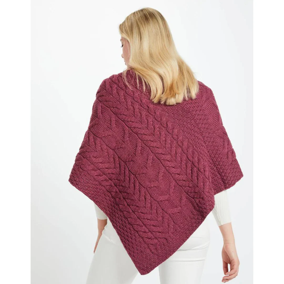 Women's Aran Cable Knit Triangular Raspberry Poncho - Image 3