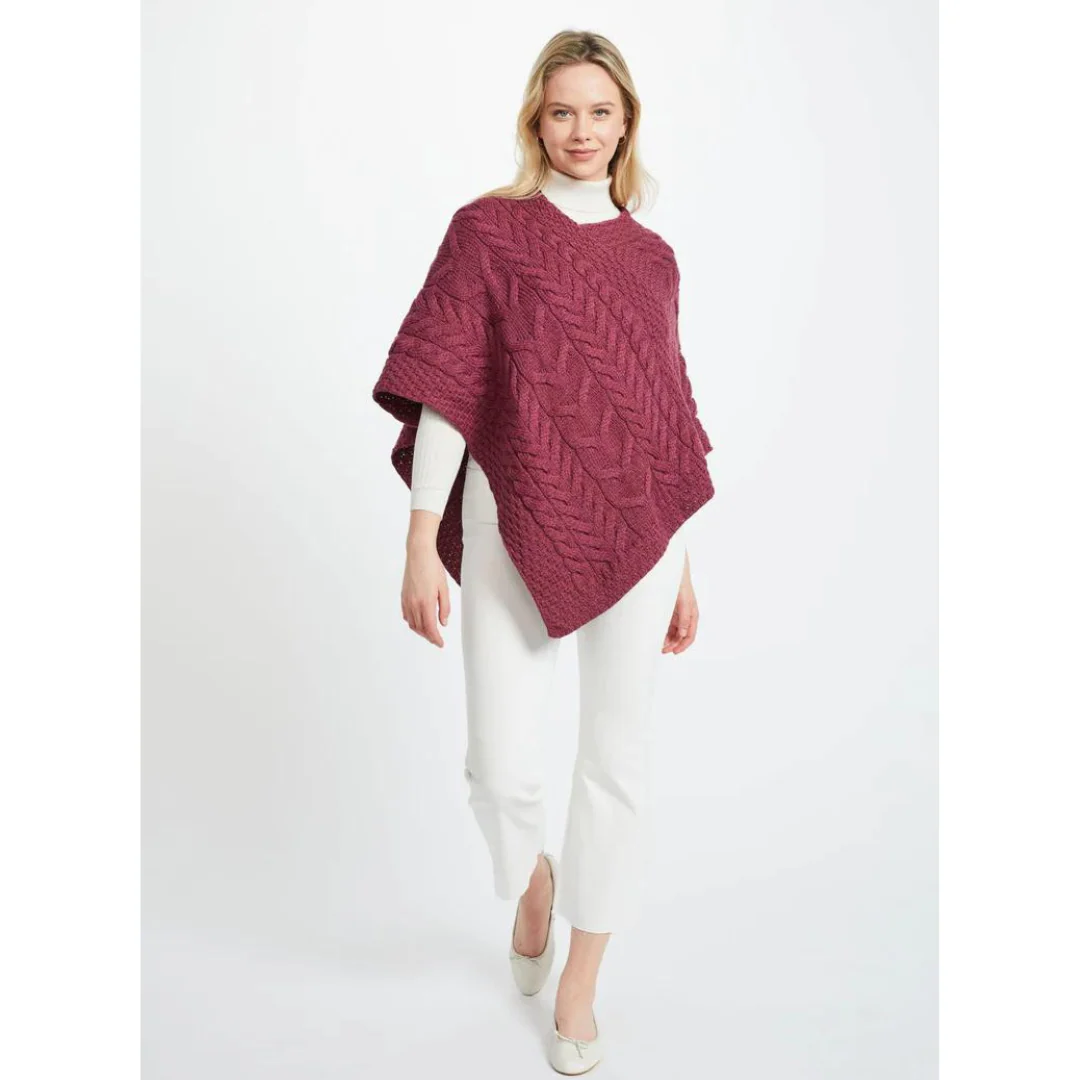 Women's Aran Cable Knit Triangular Raspberry Poncho - Image 4
