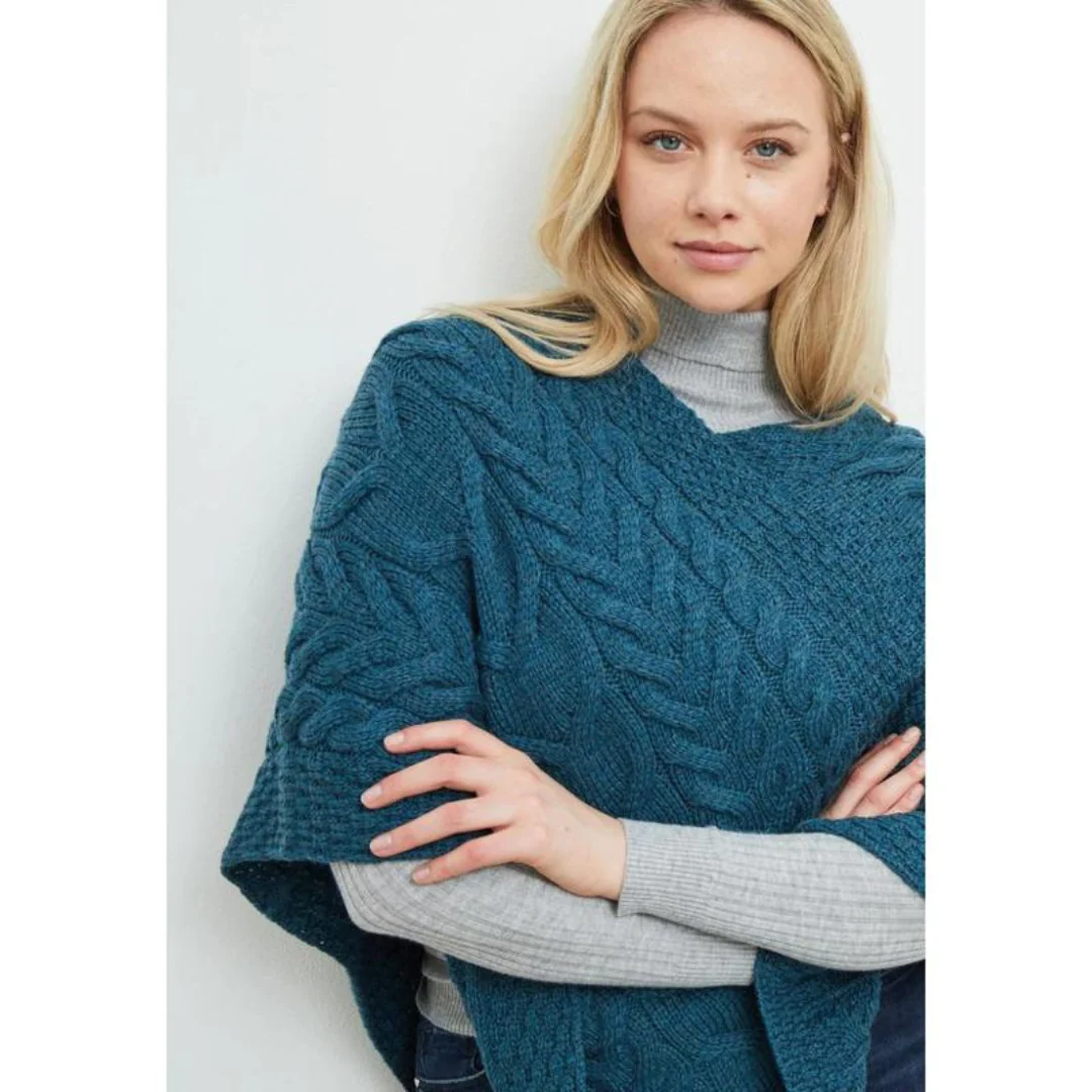 Women's Aran Cable Knit Triangular Teal Poncho - Image 2