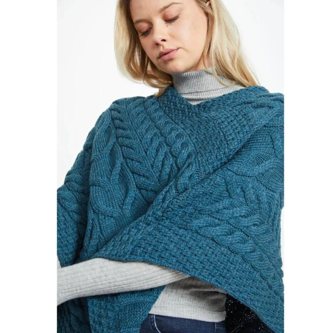 Women's Aran Cable Knit Triangular Teal Poncho - Image 3