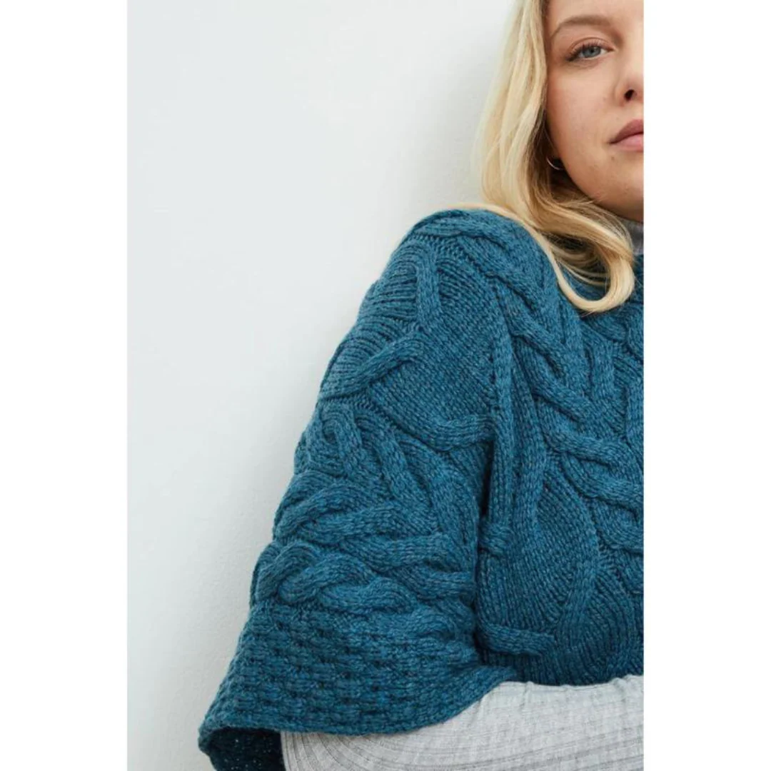 Women's Aran Cable Knit Triangular Teal Poncho - Image 4