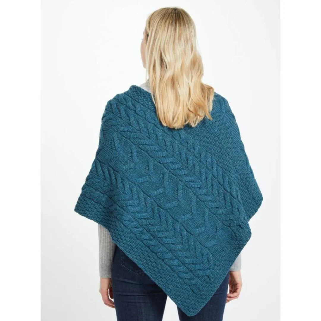 Women's Aran Cable Knit Triangular Teal Poncho - Image 6