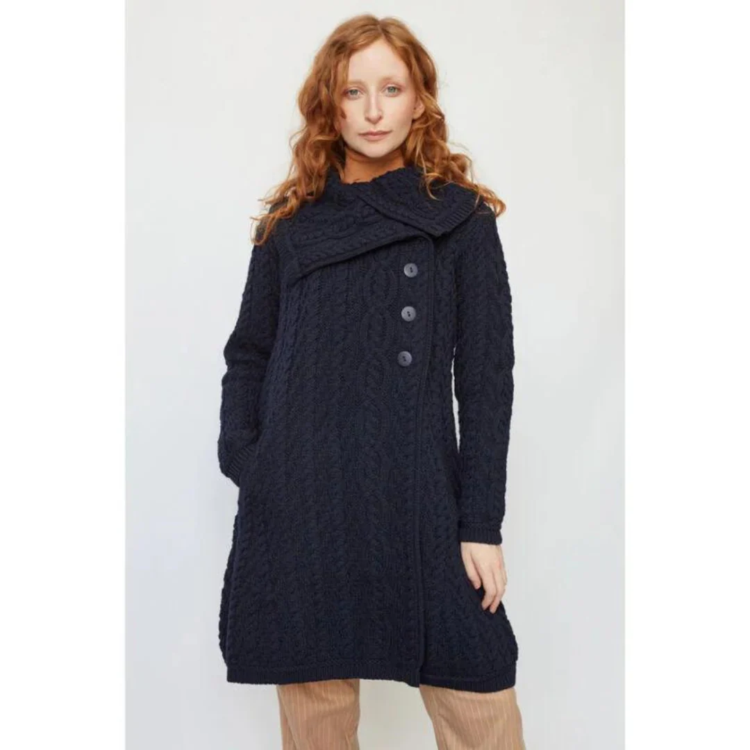 Women's Aran Chunky Collar Navy Coat - Image 4