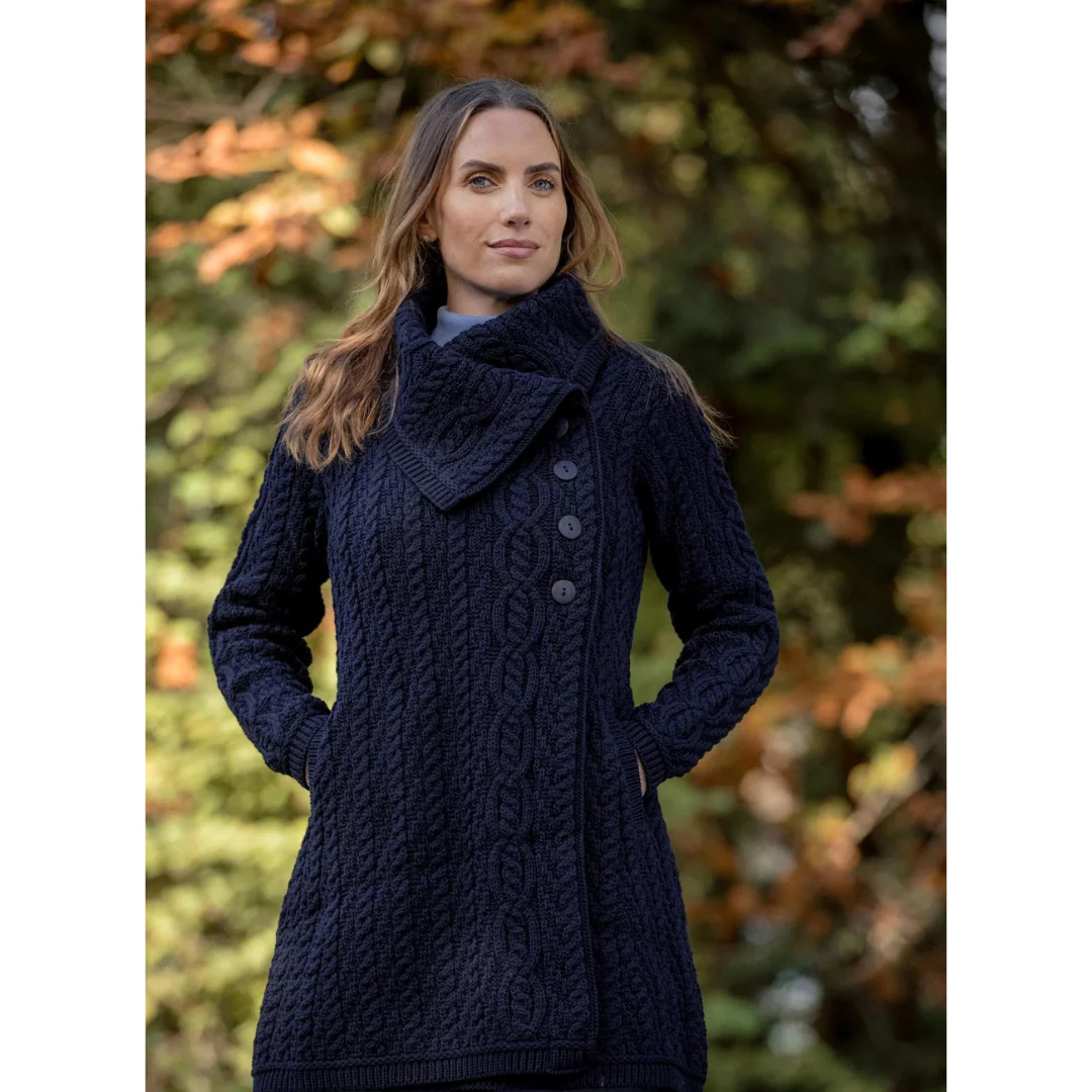 Women's Aran Chunky Collar Navy Coat - Image 7