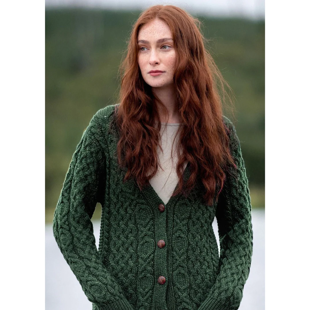 Women's Aran Green Boyfriend Cardigan - Image 6