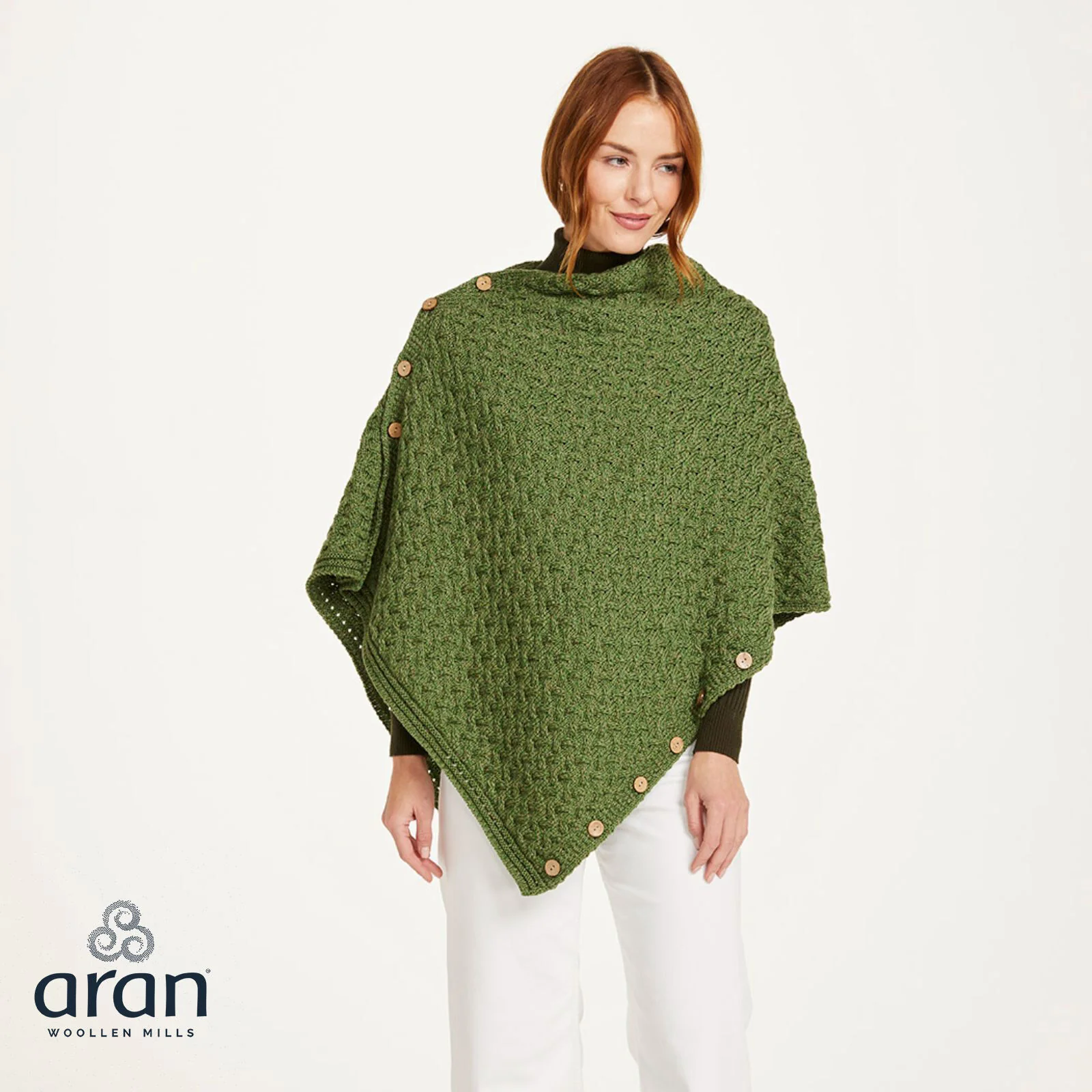Women's Aran Super Soft Merino Green Poncho - Image 3