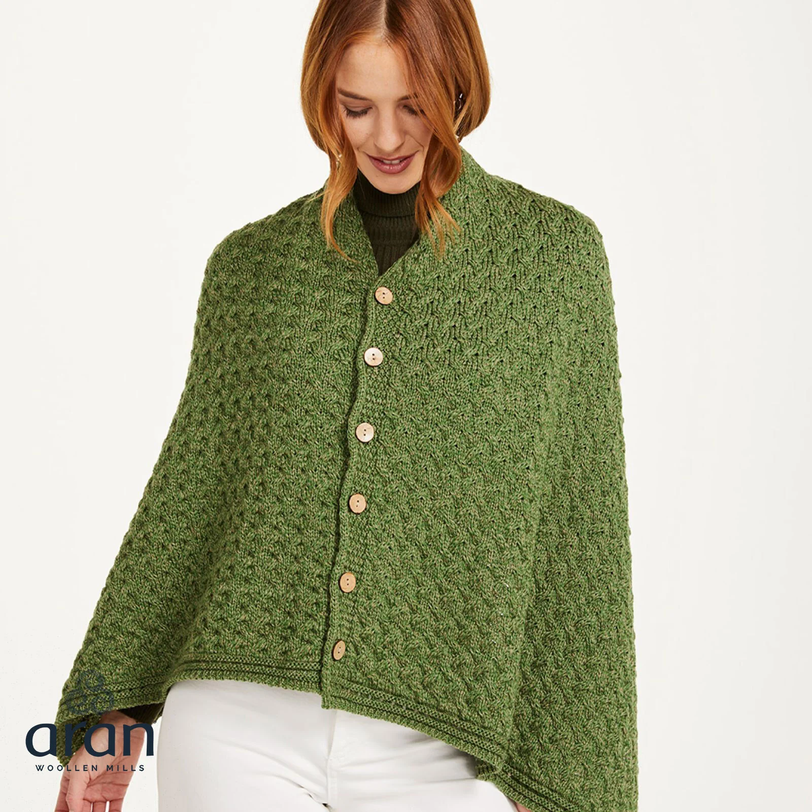 Women's Aran Super Soft Merino Green Poncho - Image 4