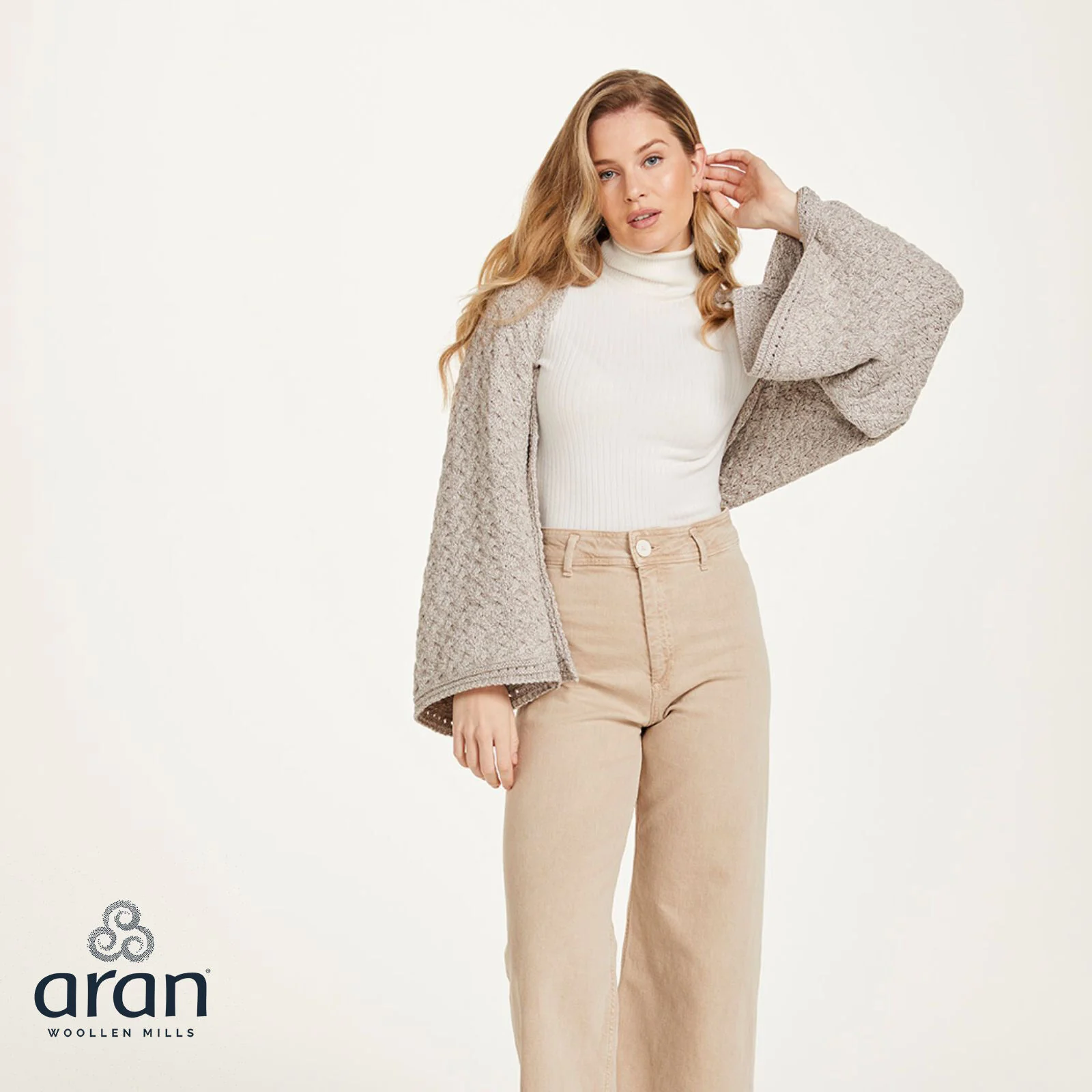 Women's Aran Super Soft Merino Oatmeal Poncho - Image 3