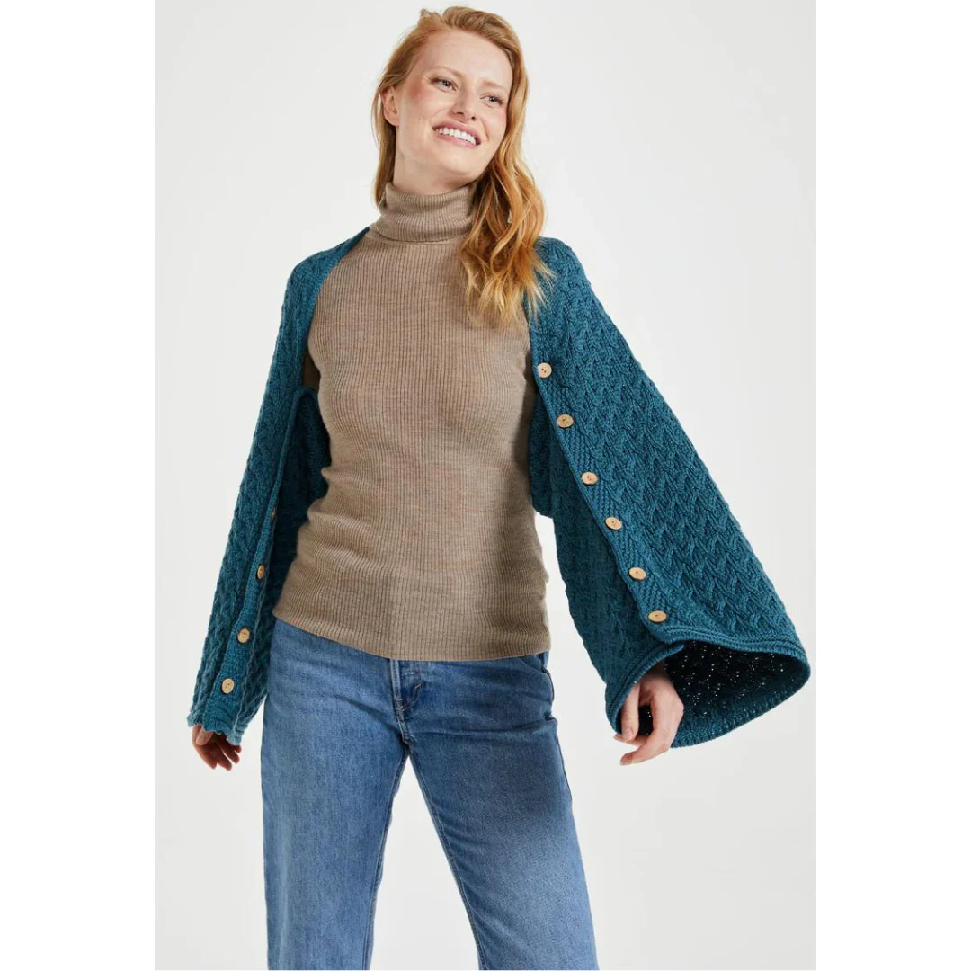 Women's Aran Super Soft Merino Teal Poncho - Image 3