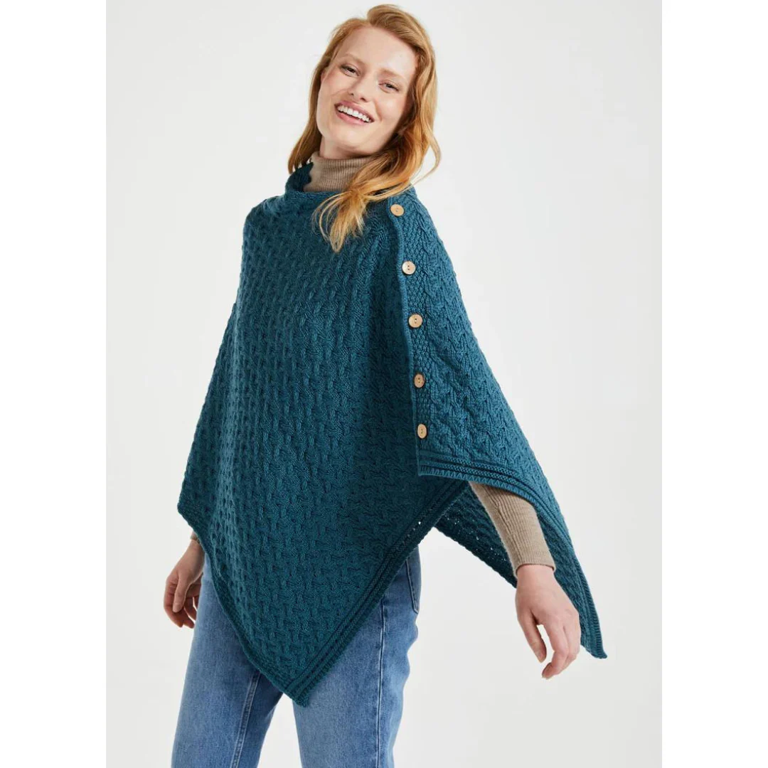 Women's Aran Super Soft Merino Teal Poncho - Image 4