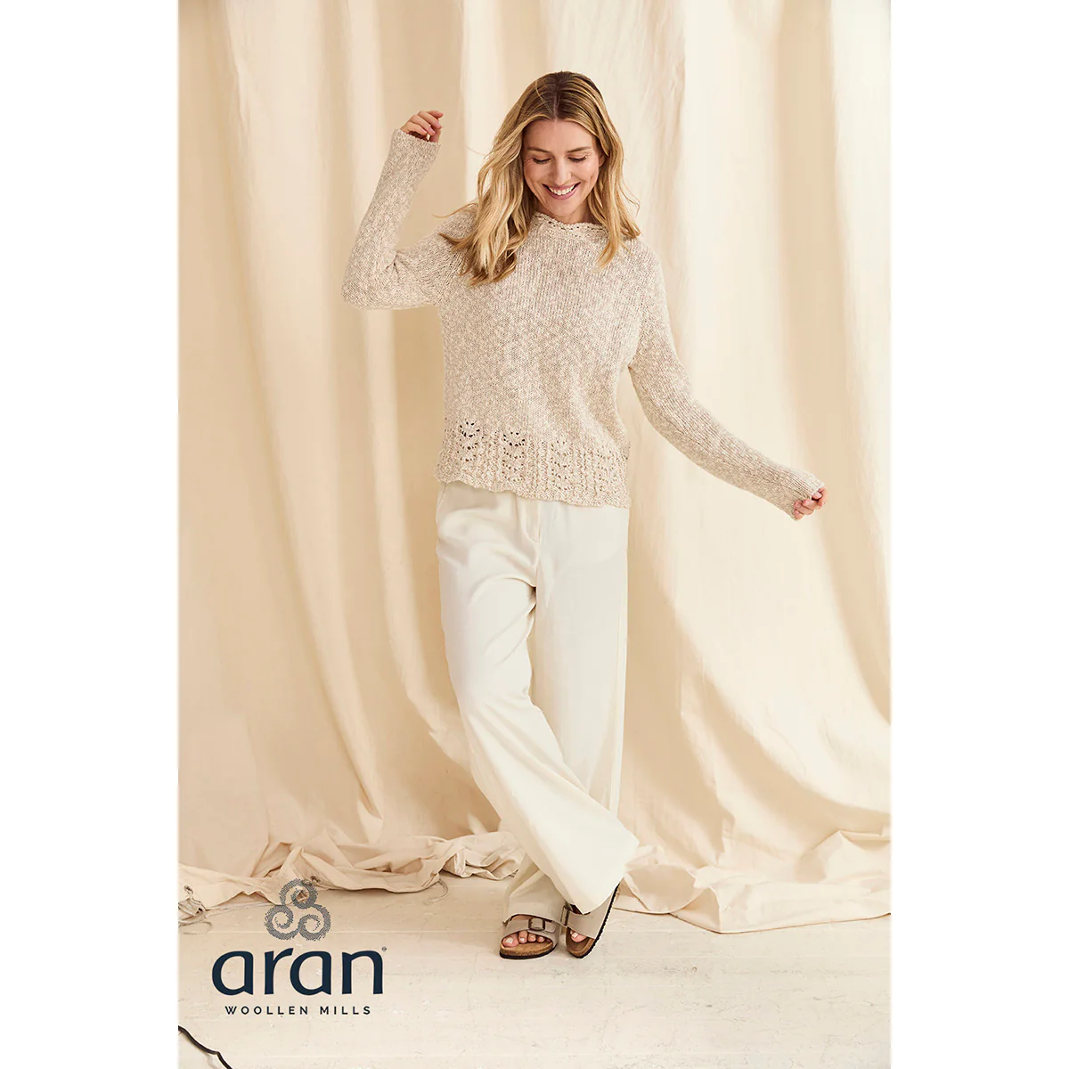 Women's Aran Cotton-Linen Crew Cream Sweater - Image 2