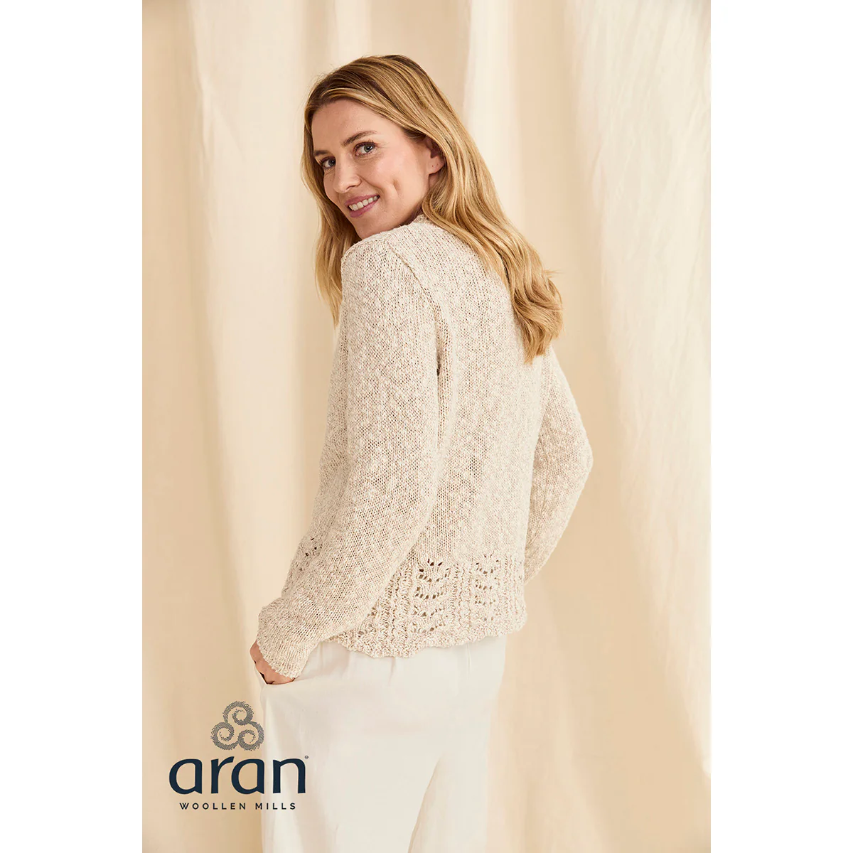 Women's Aran Cotton-Linen Crew Cream Sweater - Image 3