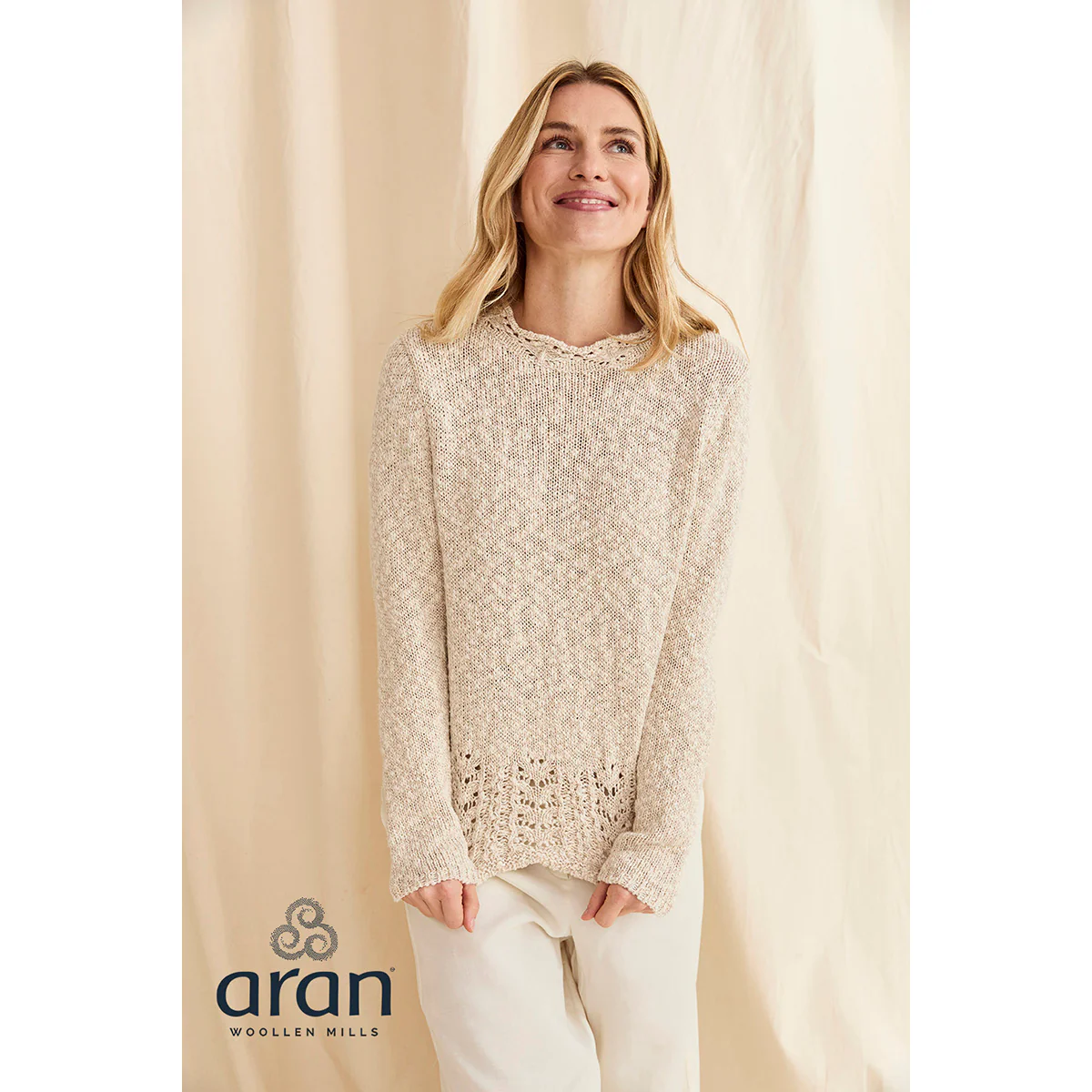 Women's Aran Cotton-Linen Crew Cream Sweater - Image 4