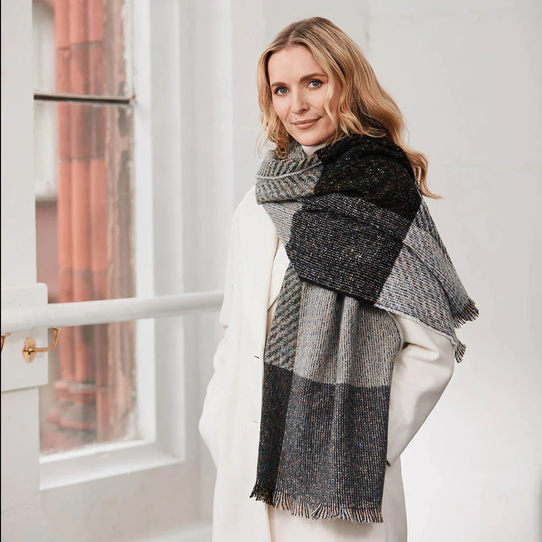 Women's Black & Grey Check Square Twill Scarf - Image 2