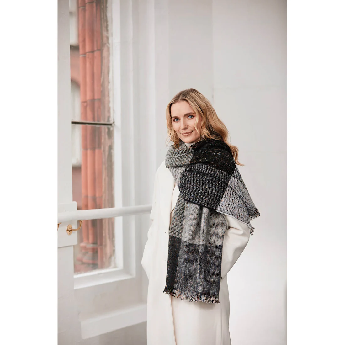 Women's Black & Grey Check Square Twill Scarf - Image 4