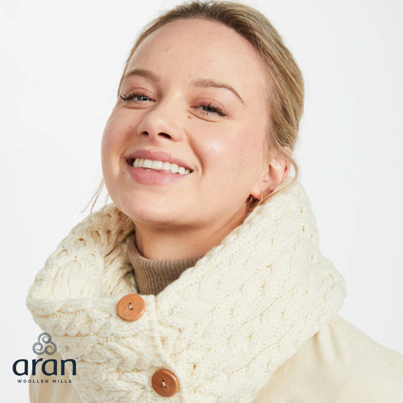 Women's Buttoned Aran Natural Snood Scarf - Image 6