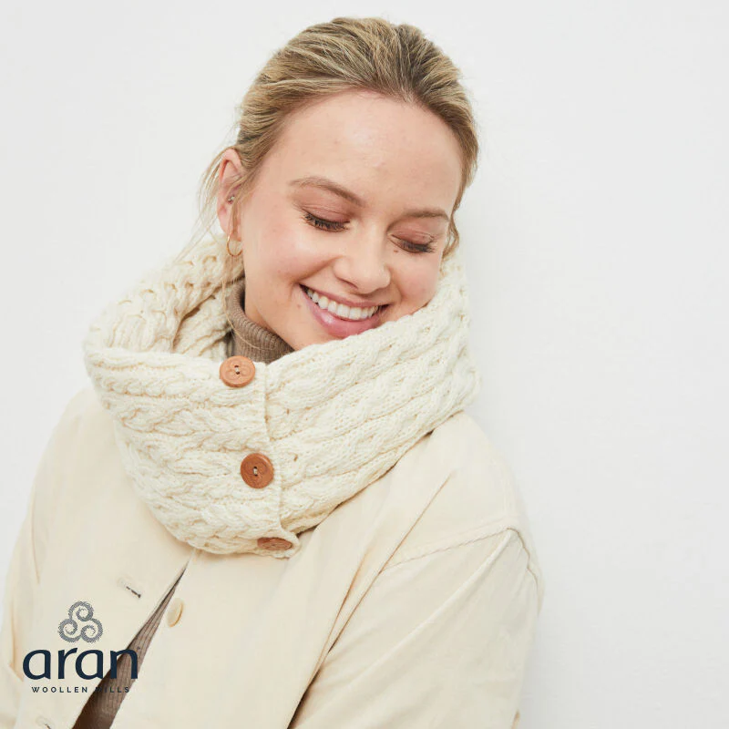 Women's Buttoned Aran Natural Snood Scarf - Image 7
