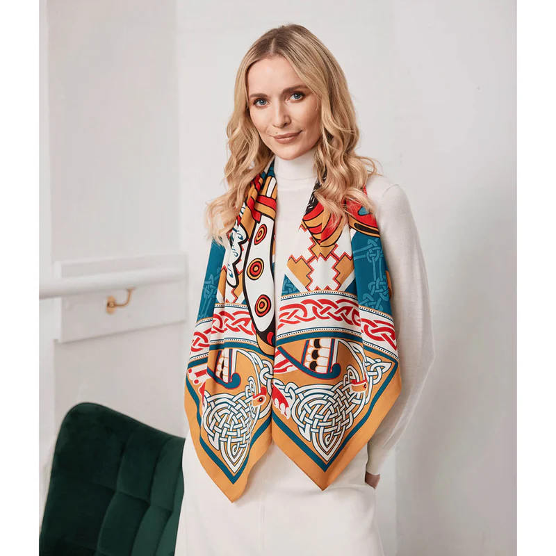Women's Celtic Bird Square Scarf Teal & Gold - Image 2