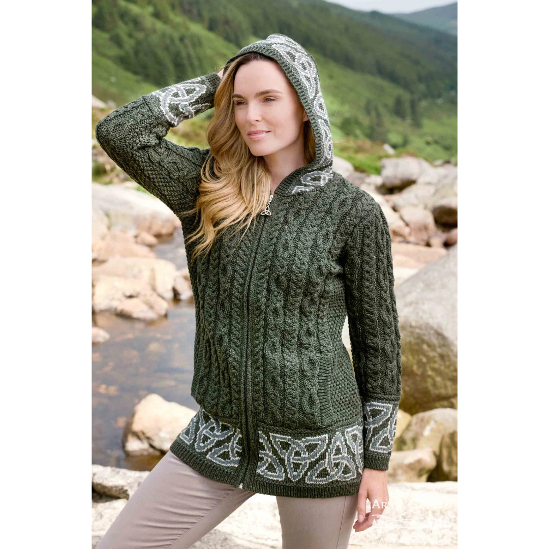 Women's Celtic Jacquard Zip Hooded Green Coat - Image 3