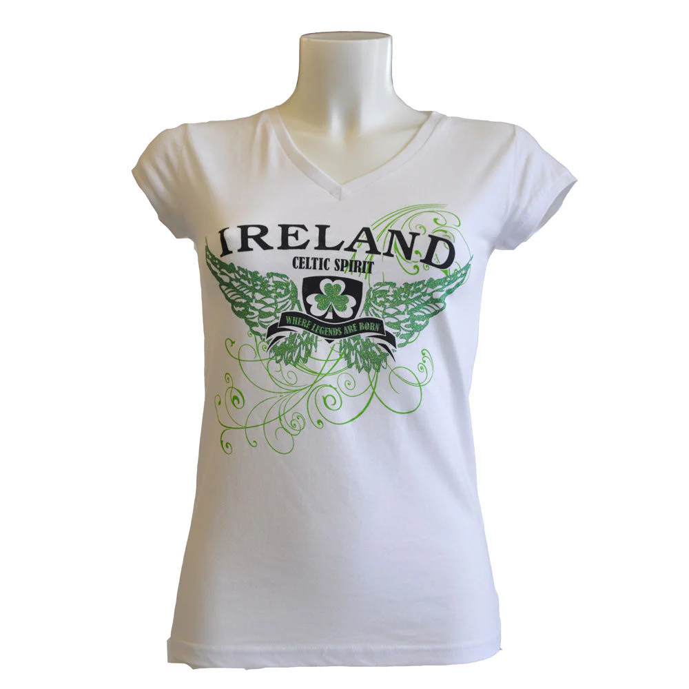 Women's Fitted V-Neck T-Shirt with Ireland Wings Print White - Image 3