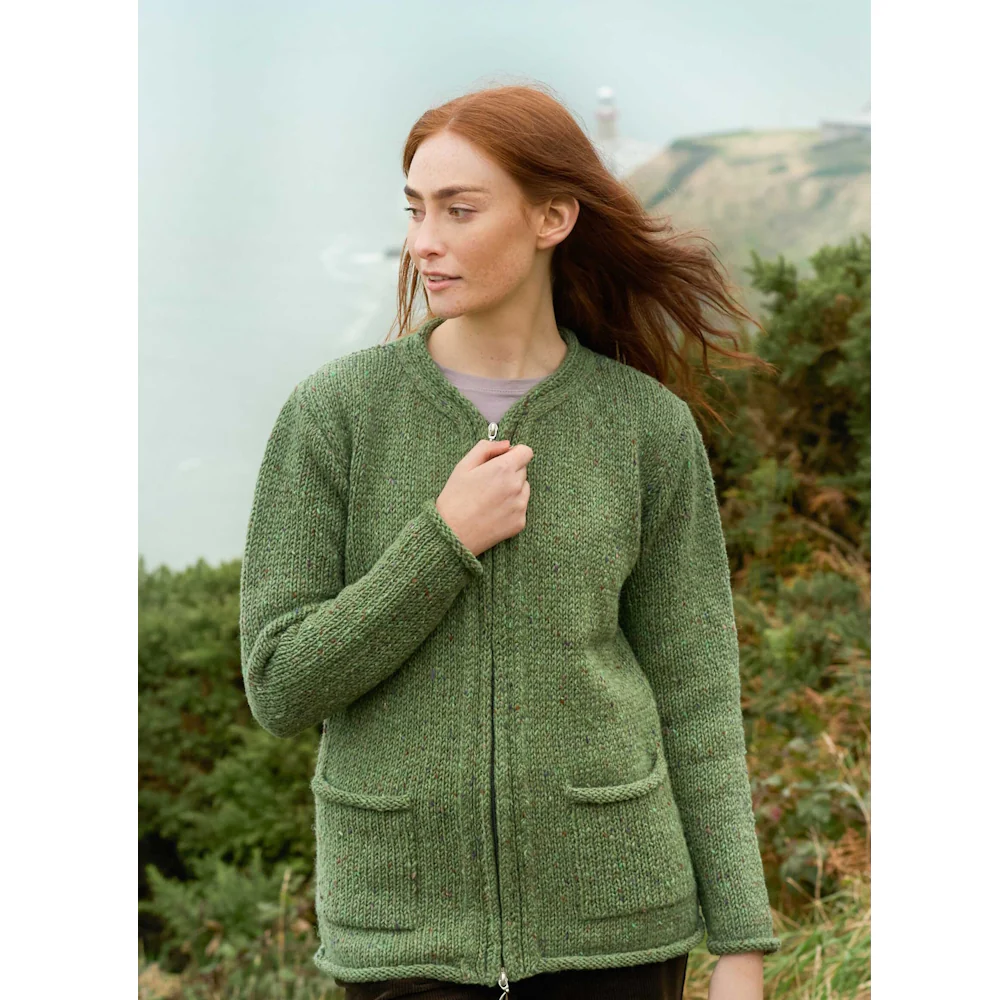Women's Inishowen Donegal Wool Zip Sage Aran Cardigan - Image 2