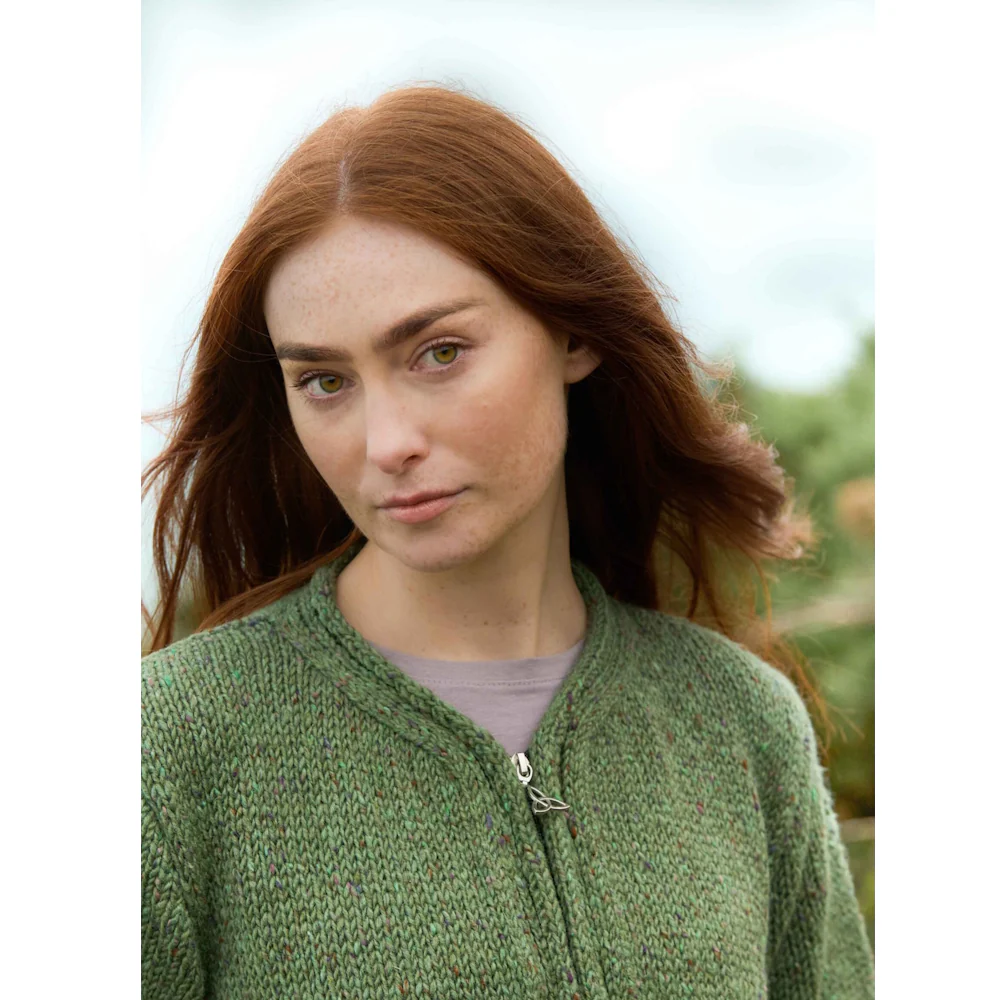Women's Inishowen Donegal Wool Zip Sage Aran Cardigan - Image 3