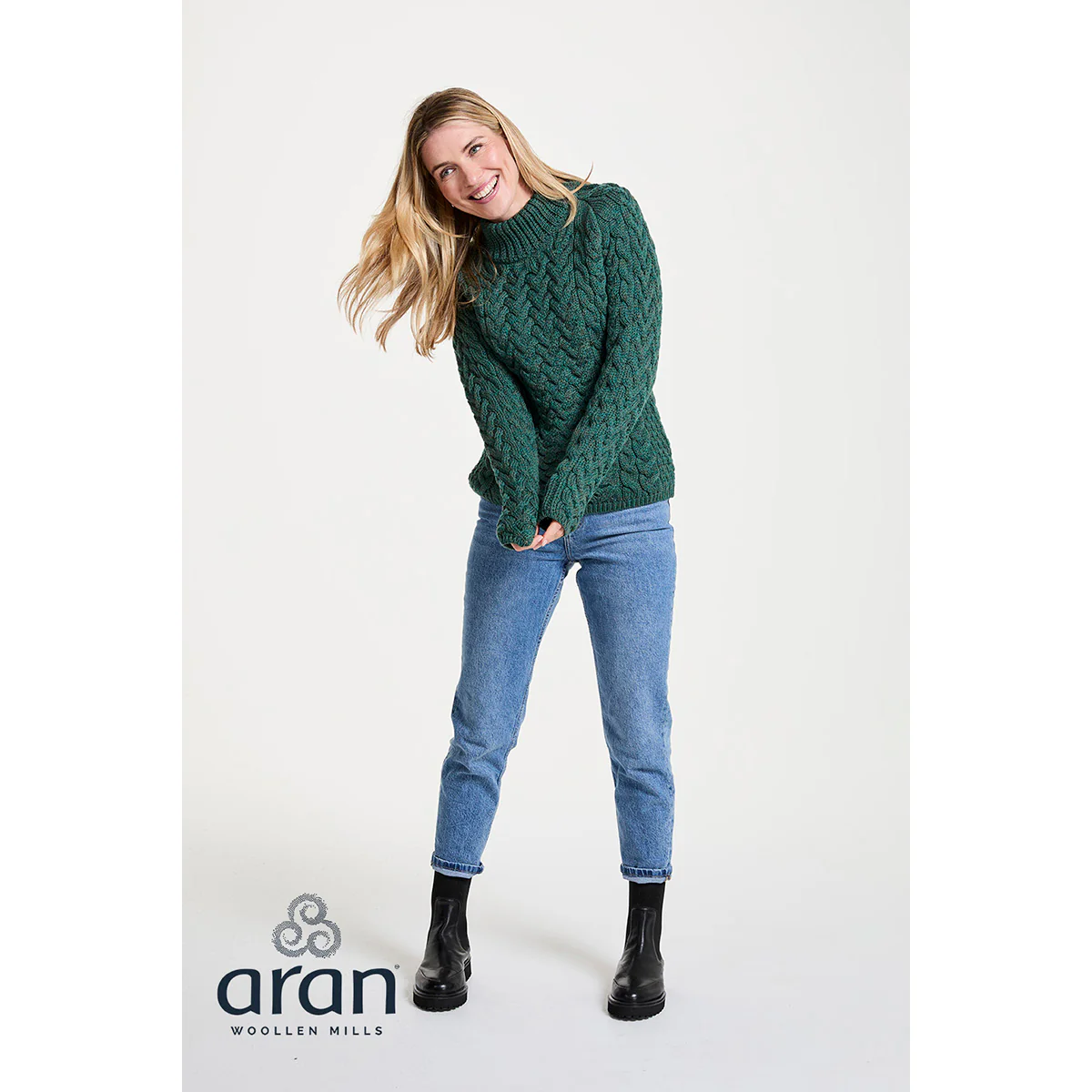 Women's Knightstown Merino Aran Crew Green Sweater - Image 2