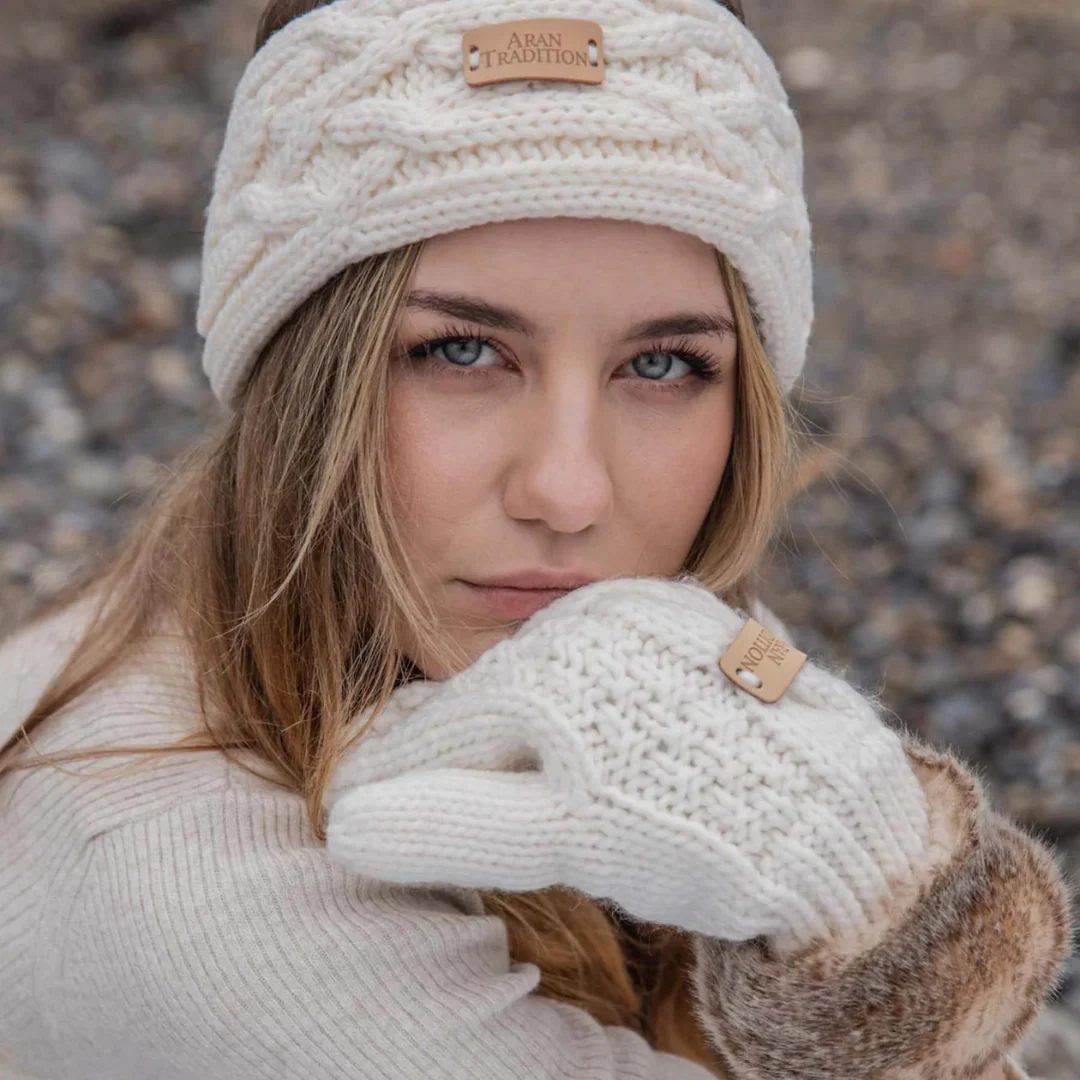 Women's Knitted Mittens With Fur Trim Cream - Image 2