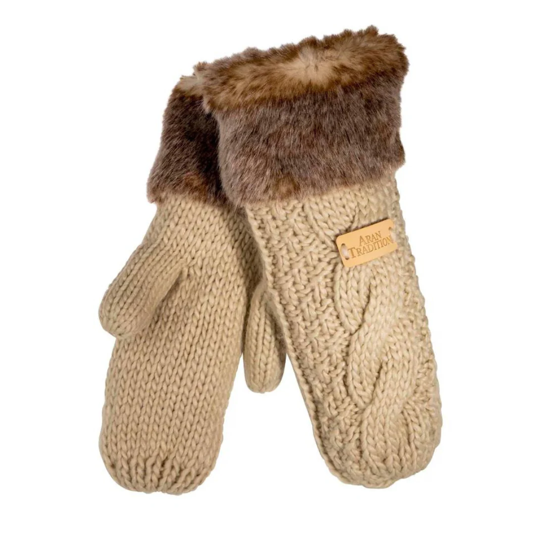 Women's Knitted Mittens With Fur Trim Oatmeal