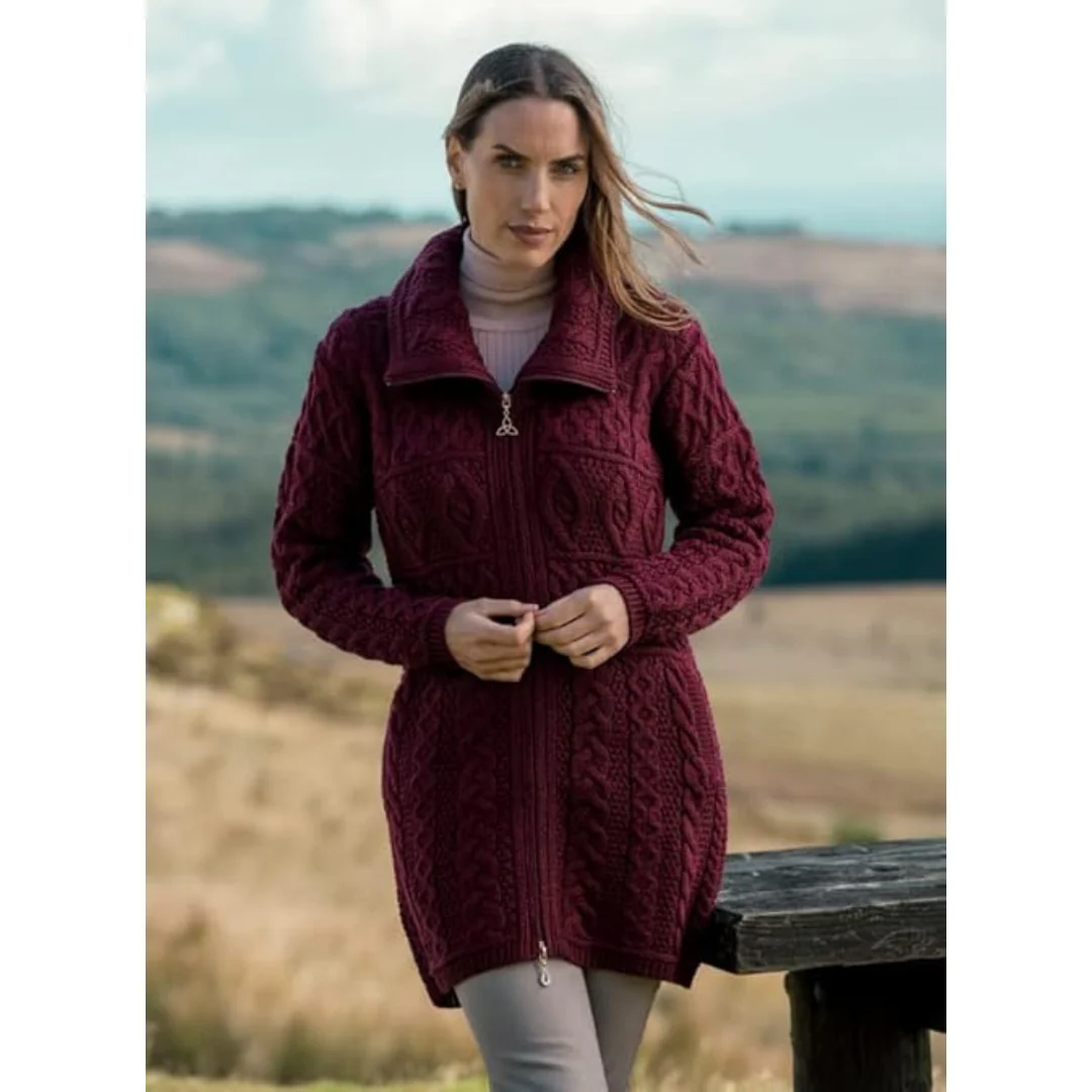 Women's Merino Double Collar Aran Wine Coat - Image 3
