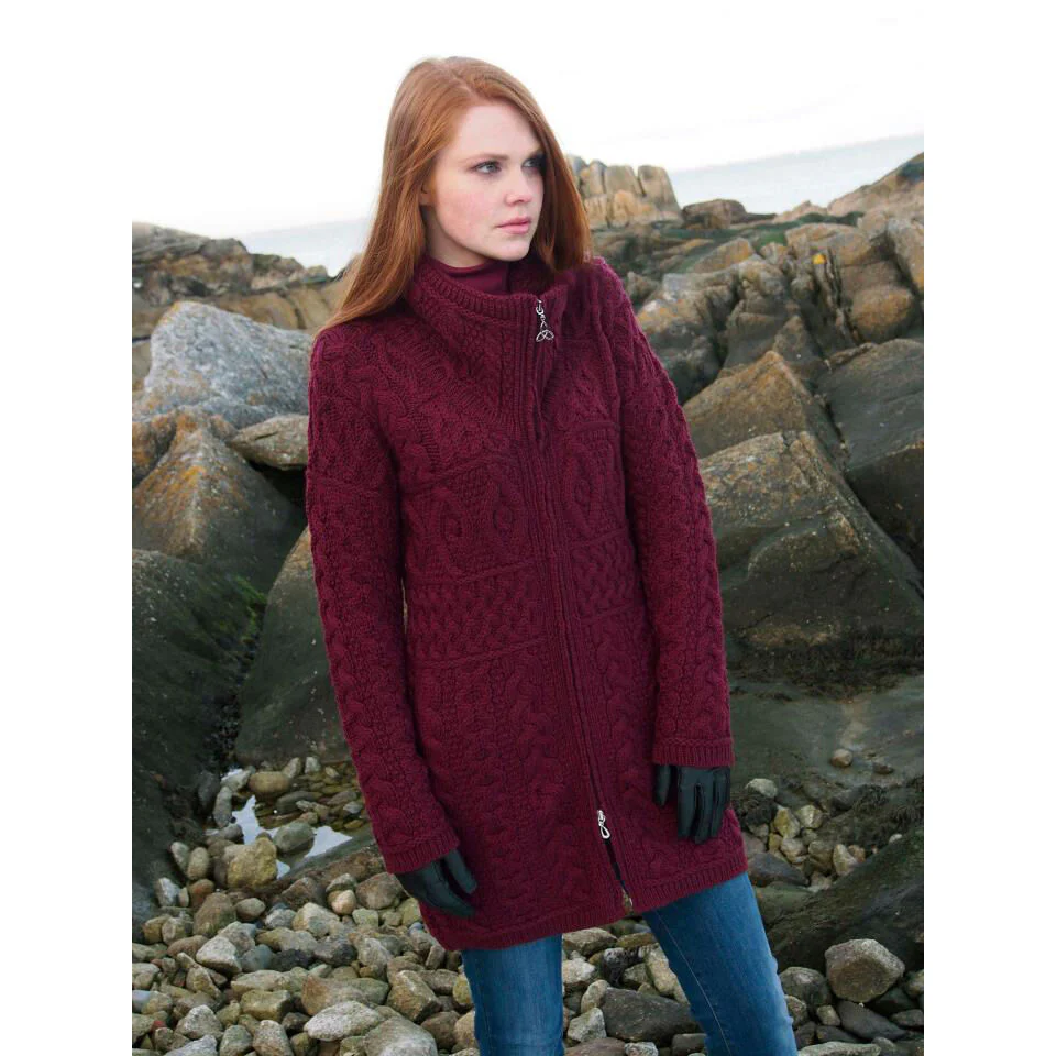 Women's Merino Double Collar Aran Wine Coat - Image 5