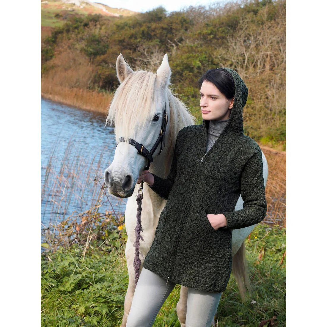 Women's Merino Wool Hooded Army Green Coat - Image 3